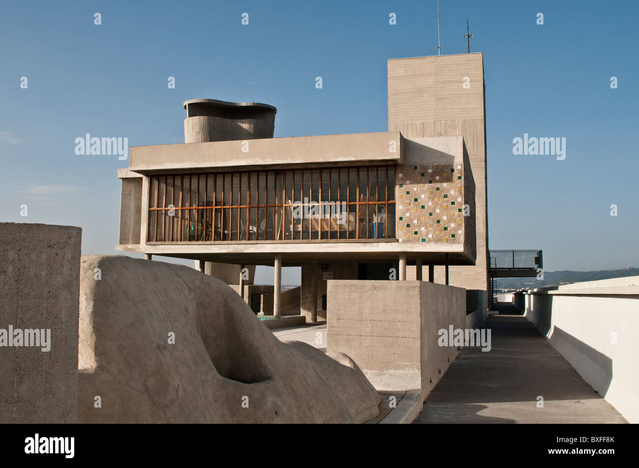 Dachterrasse, Unite d ' Habitation von Le Corbusier, Marseille, Frankreich Stockfoto