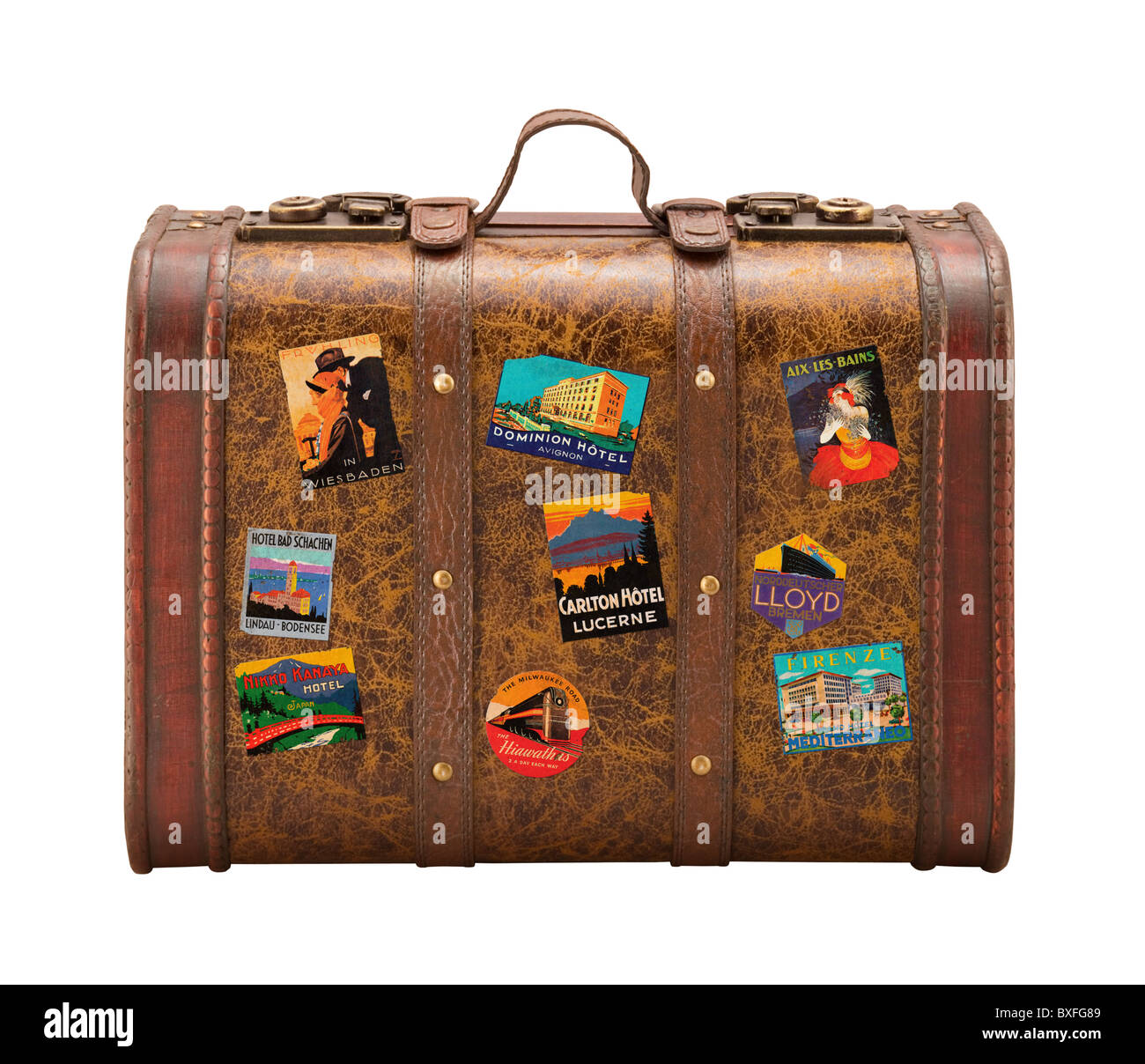 Alte Koffer Reisen Aufkleber isoliert auf weißem Hintergrund  Stockfotografie - Alamy