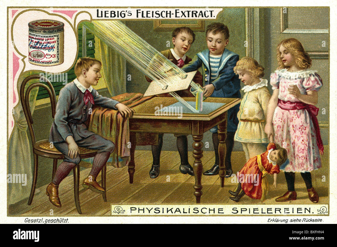 Spiel, Kinder spielen und ein physikalisches Experiment mit Licht machen, Lithographie, Werbung, Sammlerbild, Liebig Firma, Deutschland, um 1899, Zusatz-Rechte-Clearences-nicht vorhanden Stockfoto