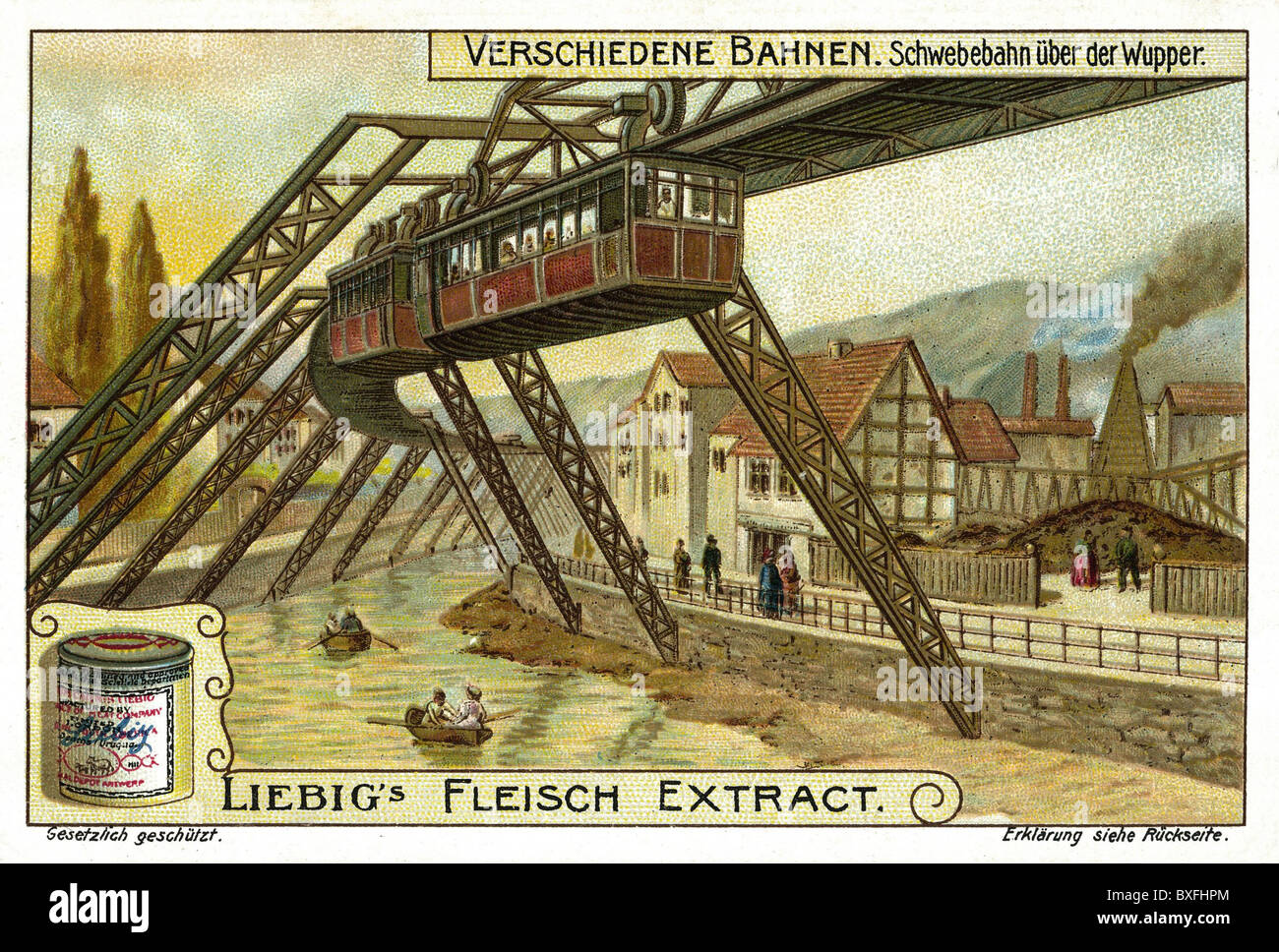 Transport / Transport, Bahn, Bahn, Wuppertaler Schwebebahn, oberhalb der Wupper, eröffnet 1901, 16 Millionen Goldmark-Kosten, Liebig-Sammelkarte, aus Serie: Verschiedene Züge, Lithographie, Deutschland, um 1907, 1900er, 00er, 20er Jahrhundert, historisch, historisch, Fahrbahn, Fahrbahn, Fahrwerk, Fahrzeug, öffentlicher Verkehr, öffentlicher Verkehr, öffentlicher Nahverkehr, öffentlicher Verkehr, Vohwinkel, Elberfeld, Barmen, Vorstadtverkehr, Nahverkehr, Verbesserung, Verbesserungen, Erfindung, Erfindungen, Menschen, Zusatzrechte-Abfertungen-nicht vorhanden Stockfoto