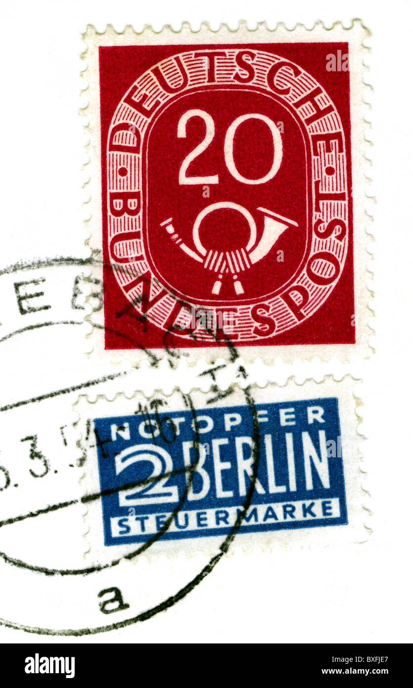 Post, Briefmarken, Deutsche Briefmarken, gestempelt, Deutschland, 1954, Zusatzrechte-Abfertigung-nicht vorhanden Stockfoto
