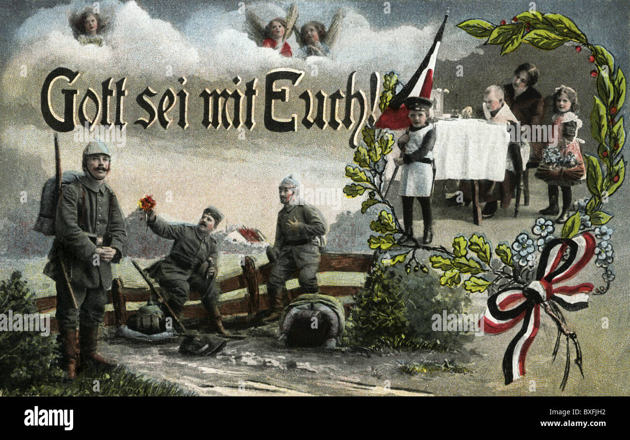 Erster Weltkrieg (1. Weltkrieg), Soldaten und ihre Familien zu Hause, patrotische Bildpostkarte, Deutschland, 1916, Zusatzrechte-Clearences-nicht vorhanden Stockfoto