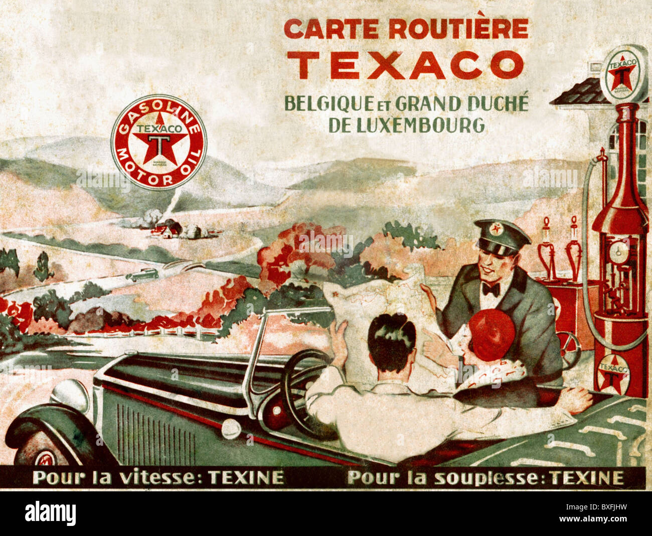 Werbung, Öl, Tankstelle, Texaco, Tankstellenbegleiter erklären Route für Reisende, Belgien, 1920, Zusatzrechte-Abfertigung-nicht vorhanden Stockfoto