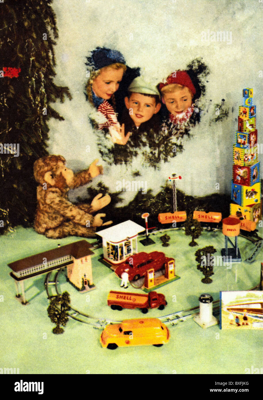 Weihnachten, Geschenke, Mutter mit Sohn und Tochter vor Schaufenster eines Spielwarenladens, Deutschland, 1954, Zusatz-Rechte-Clearences-nicht verfügbar Stockfoto