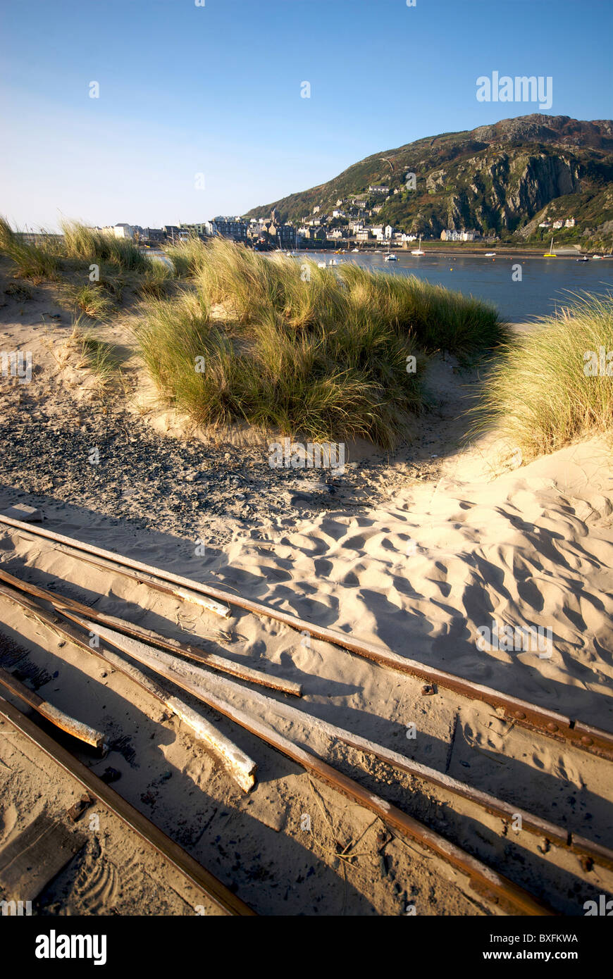 Fairbourne Gwynd Wales UK Small Gauge Steam Barmouth Eisenbahnbrücke Track Stockfoto