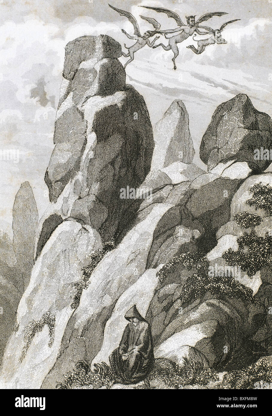 Die Legende von Fray Juan Garin, Einsiedler von Montserrat. Fransen Sie Garin meditieren auf den Berg Montserrat aus. Stockfoto