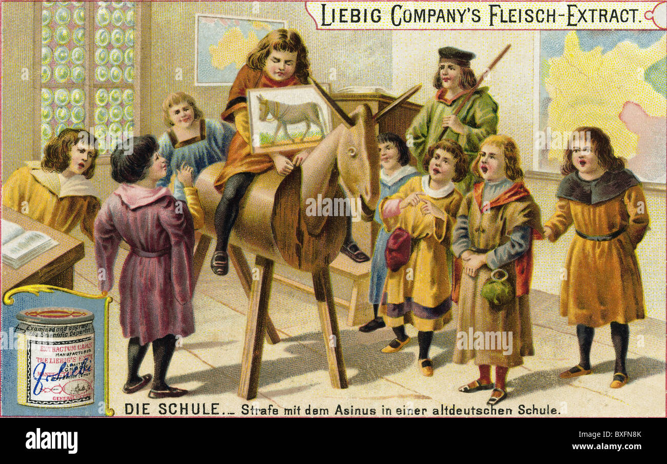 Schulbildung, Schule, Strafe, Schuljunge muss auf Holzesel reiten, um 1600, Lithographie