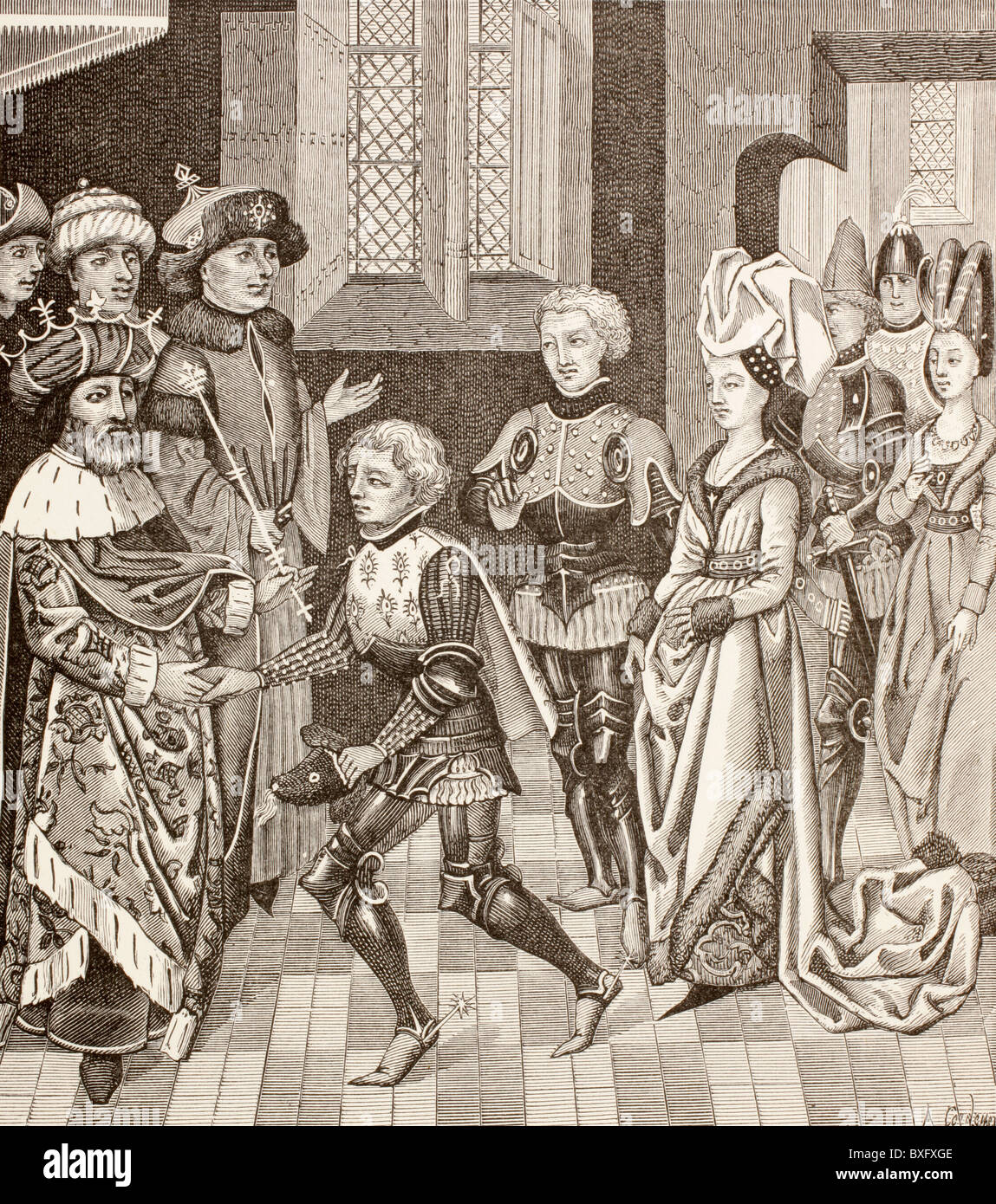 Empfang von Gautier-sans-Avoir durch den König von Ungarn, die ihm durch sein Territorium mit den Kreuzfahrern passieren lässt. Stockfoto