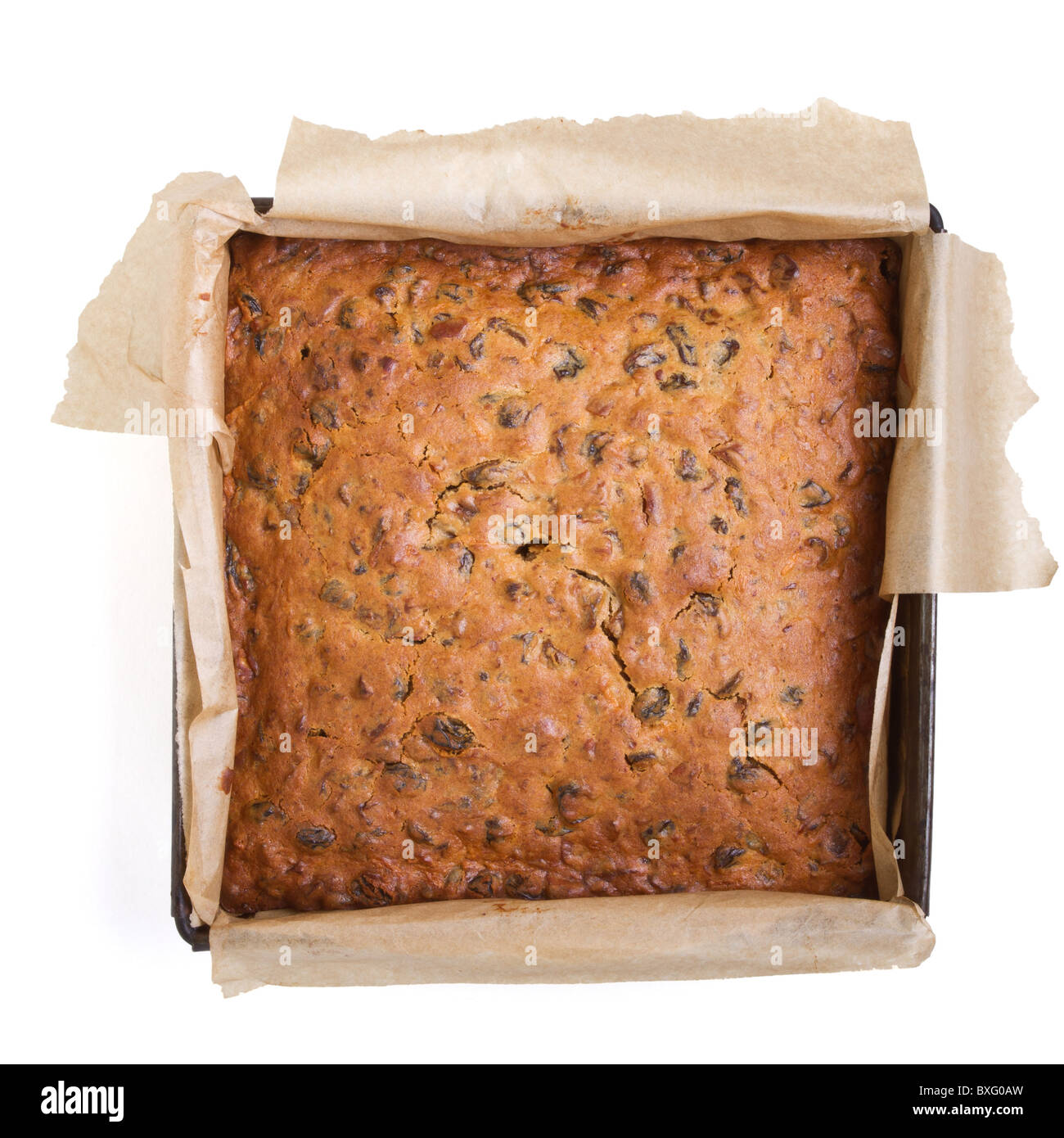 Quadratische Weihnachten Obstkuchen Backform gerade aus dem Ofen entfernt. Stockfoto