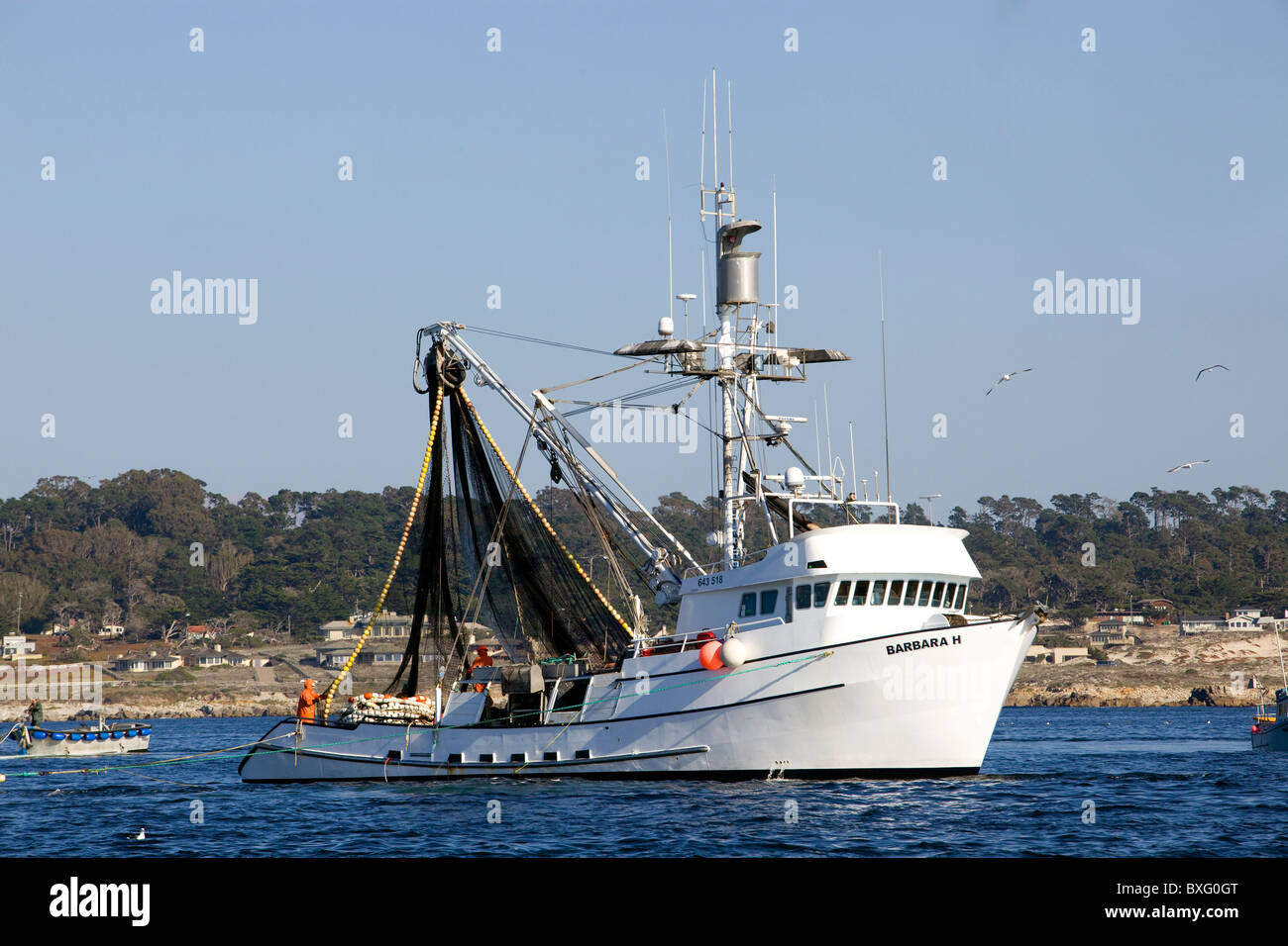 Ein Angeln Boot Heads aus Monterey Harbor - California. Stockfoto