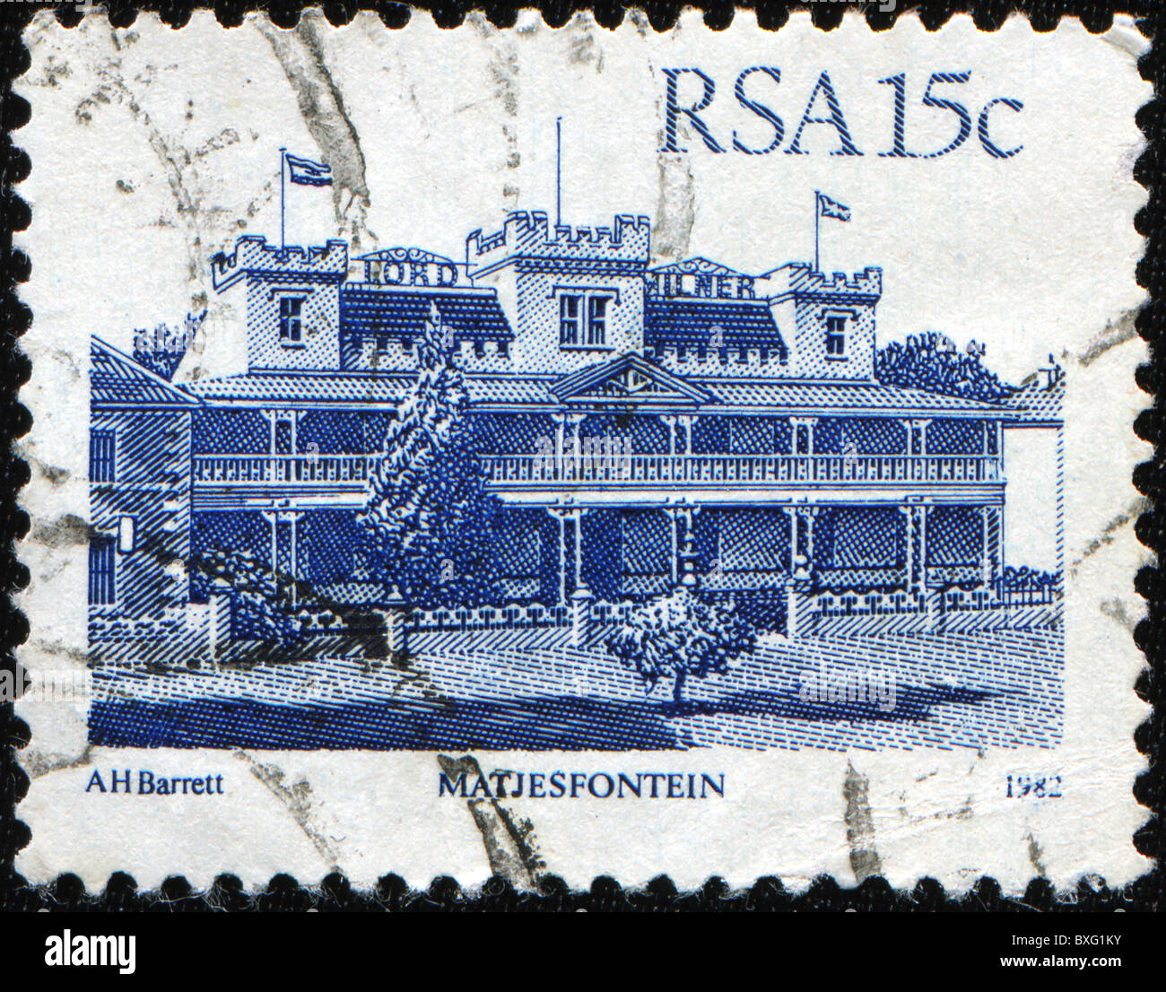 RSA - CIRCA 1982: Eine Briefmarke gedruckt in Südafrika zeigt Matjesfontein - Lord Milner Hotel, ca. 1982 Stockfoto