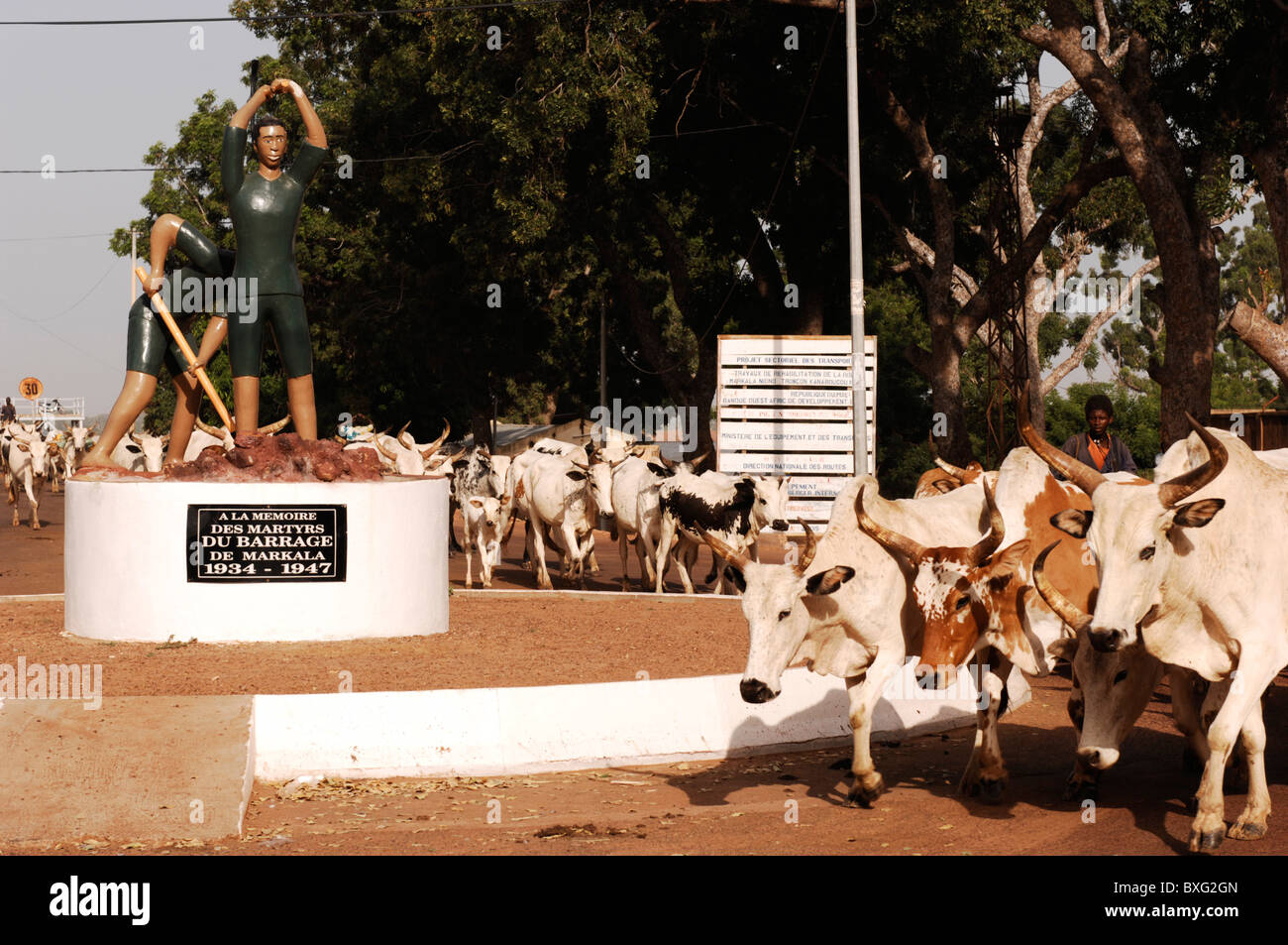 Kuhherde vorbei ein Denkmal zum Gedenken an die Arbeiter bauen die Barrage de Markala, 40 km nördlich von Segou, Mali gestorben Stockfoto