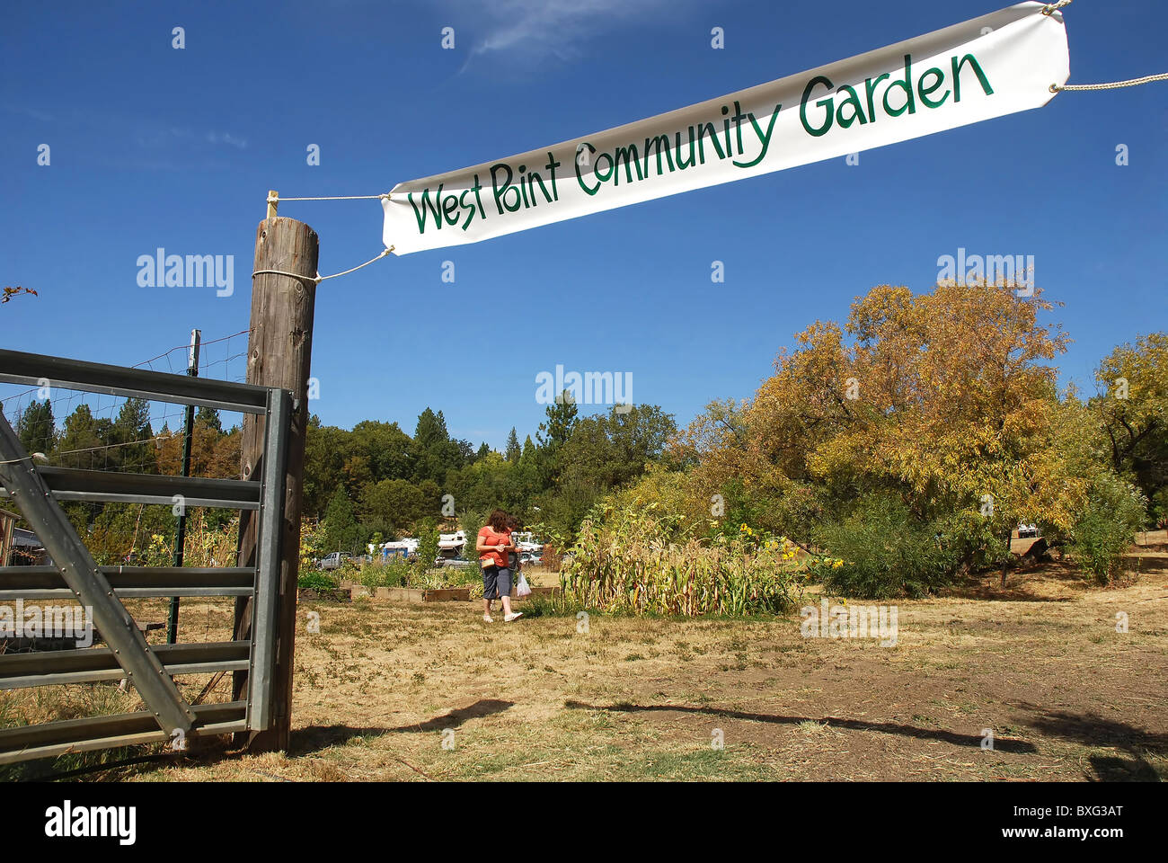 Eingang zum Gemeinschaftsgarten in West Point, Kalifornien Stockfoto