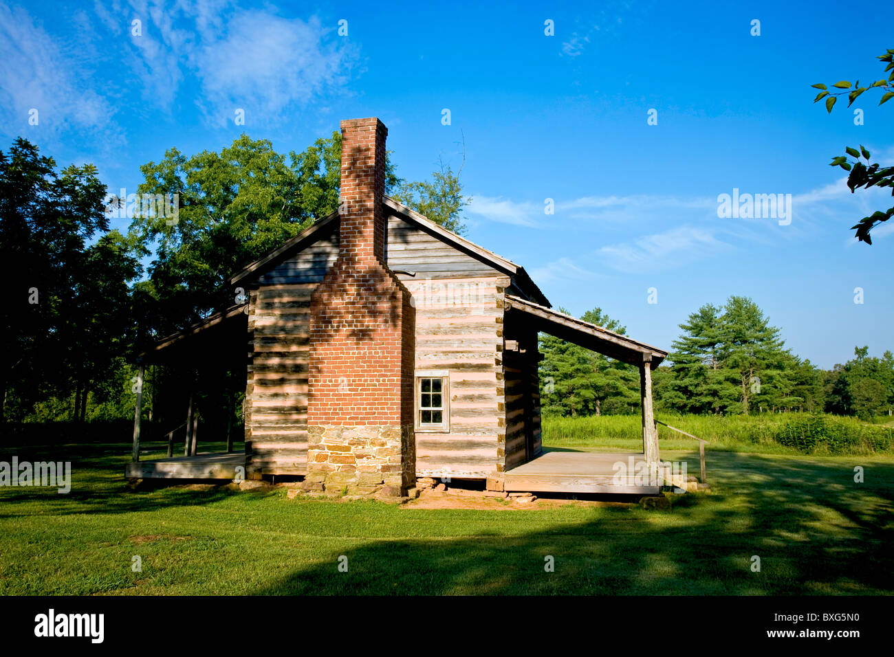 Robert Scruggs Blockhütte (ca. 1828), Cowpens National Battlefield Park, South Carolina. Stockfoto