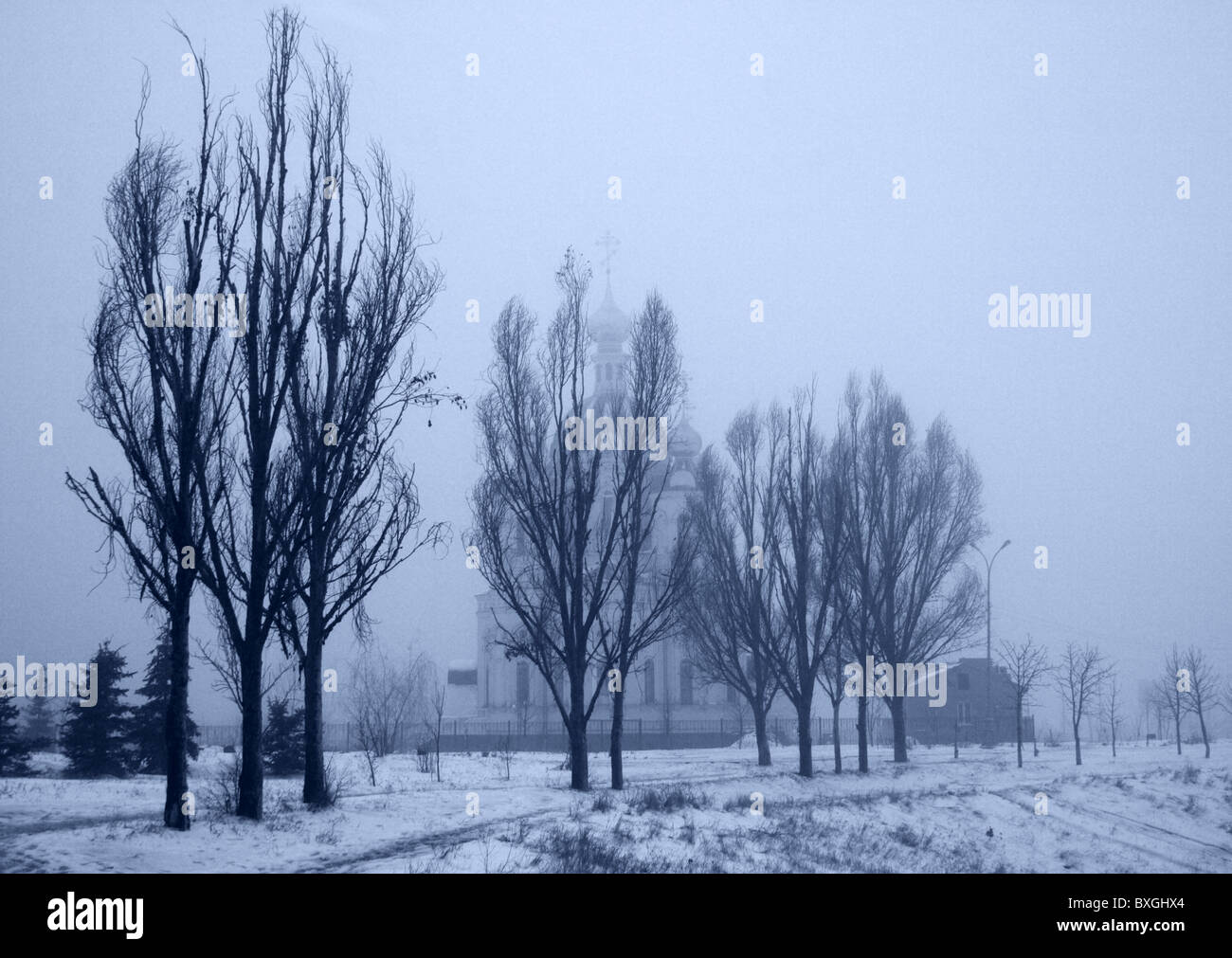 Bäume im Nebel auf dem Hintergrund der orthodoxen Kirche, Lugansk, Ukraine. Schwarz-weiß-Fotografien in blau getönt. Stockfoto