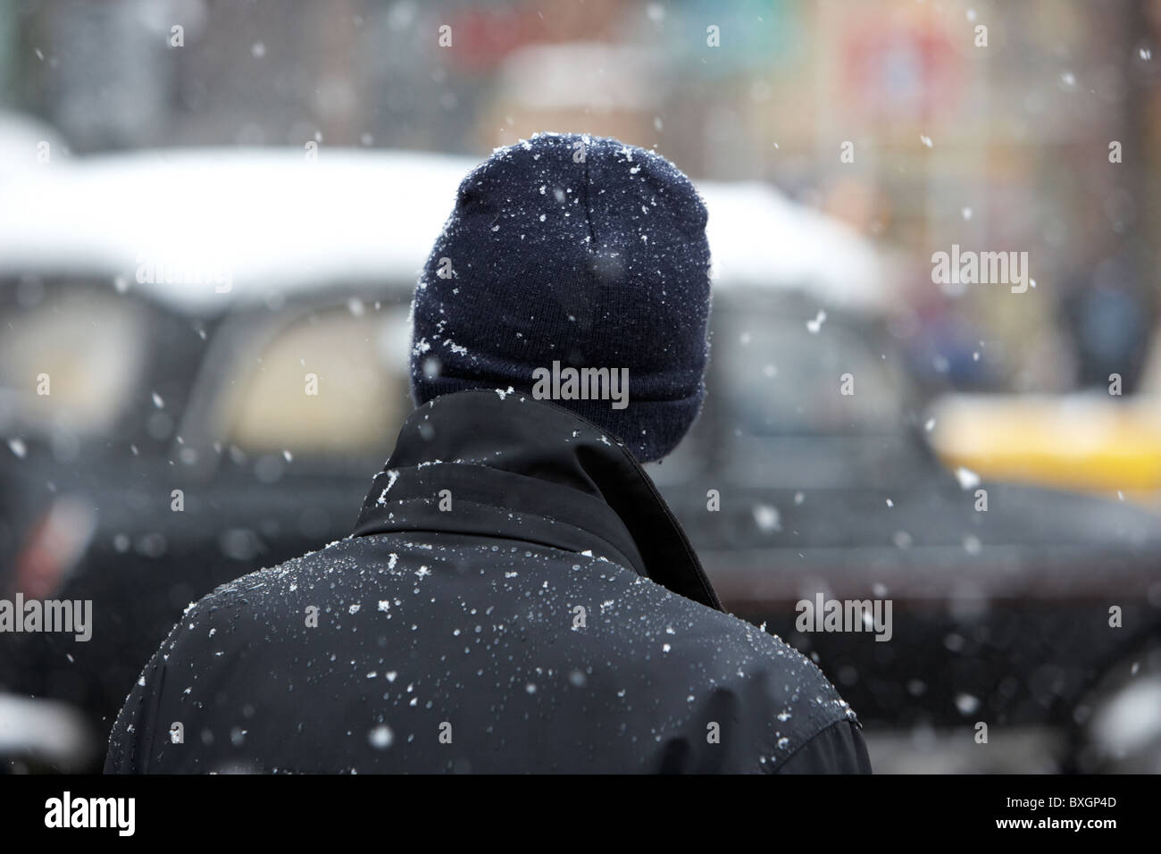 Mann mit Wollmütze und wasserdichte Jacke an einem kalten, verschneiten Wintertag Belfast Nordirland Stockfoto