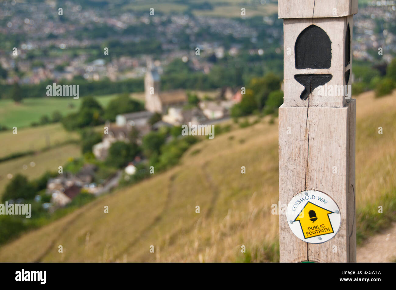 Zu den National Trails und Cotswold Way Wegweiser, Selsley Common, Selsley, Gloucestershire, Cotswolds, UK Stockfoto