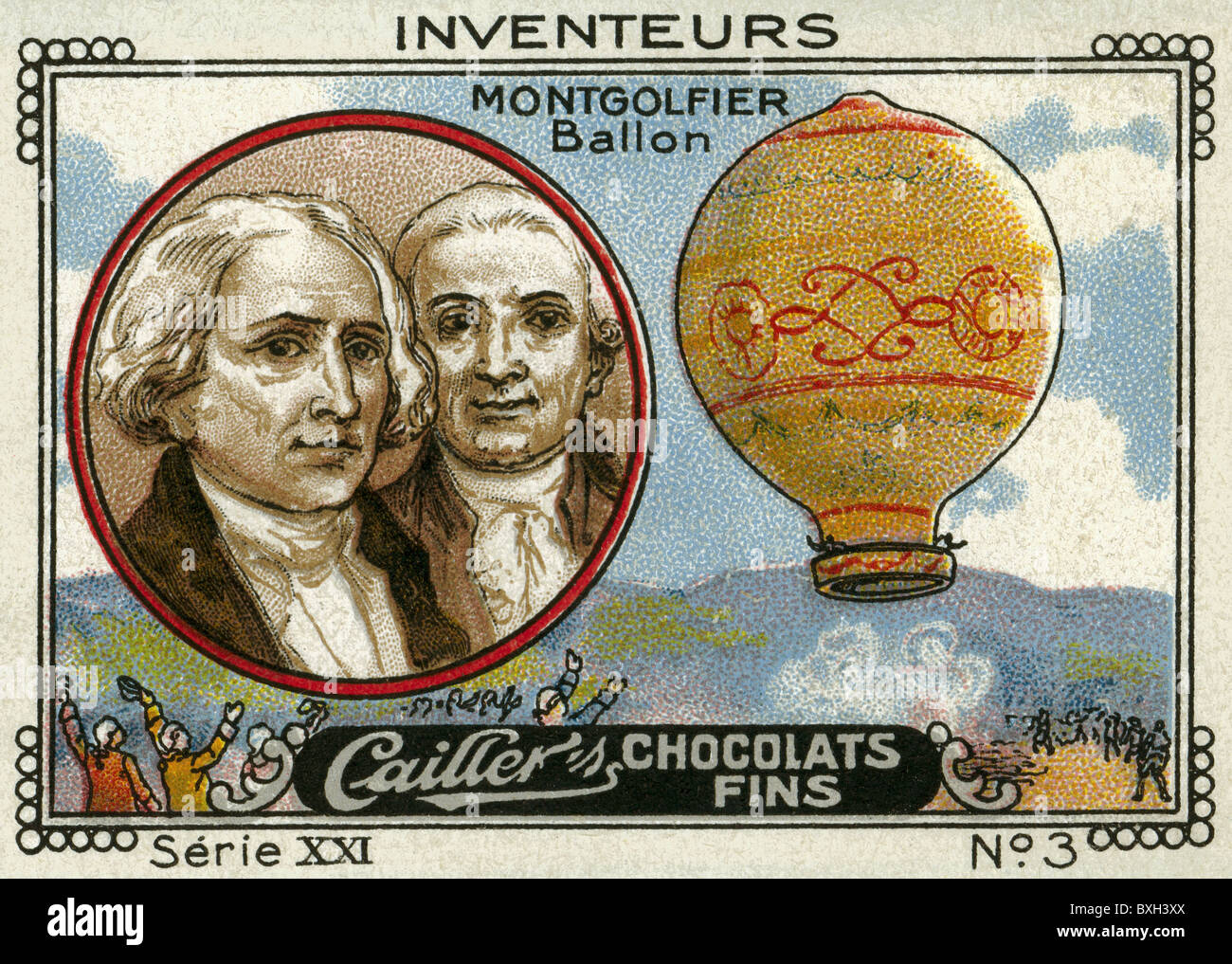 Montgolfier, Joseph-Michel (1742-1810) und Jacques-Etienne (1745-1799), Porträt, Erfinder des Heißluftballons, 1783, Posterstempel der Cailler Company, lithograph, Frankreich, ca. 1914, Stockfoto