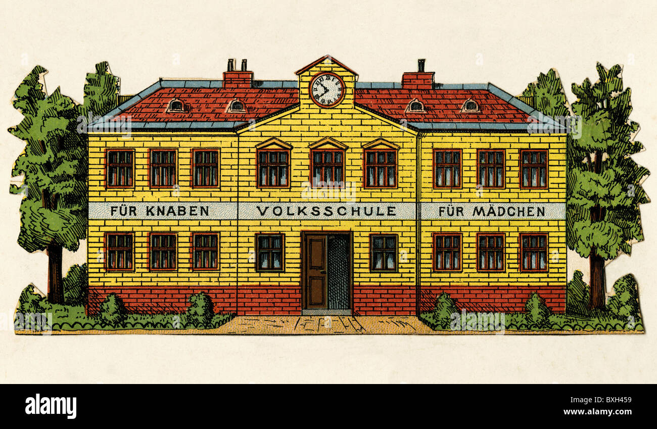 Schulbildung, Schulgebäude, Grundschule für Jungen und Mädchen, Lithographie, Deutschland, um 1875, Zusatz-Rechteklärung-nicht vorhanden Stockfoto