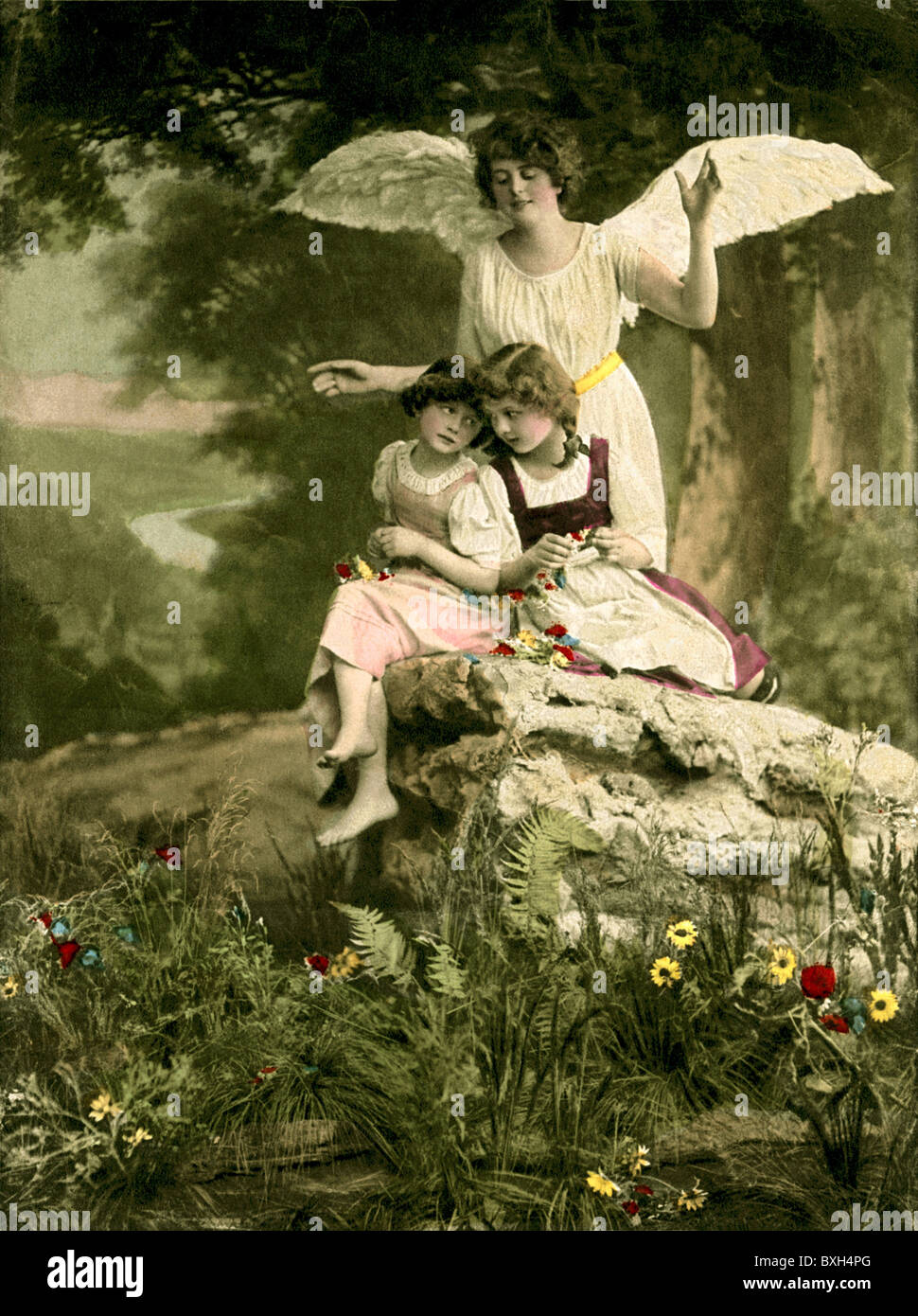 Religion, Christentum, Schutzengel zum Schutz von Kindern im Wald, Illustration, Deutschland, um 1905, Zusatz-Rechte-Clearences-nicht vorhanden Stockfoto