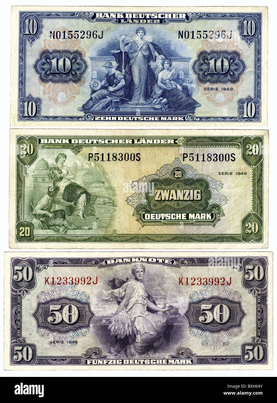 Geld / Finanzen, Banknoten, Deutschland, erste Banknoten der BRD, 10, 20 und 50 Mark, 1949, historisch, historisch, Deutsche Mark, fünfzig, zehn, zwanzig, Banknote, Banknote, Rechnung, Banknoten, Nachkriegszeit, Währung, Währungen, allegorische Bild der Landwirtschaft, Allegorie, Stahlstich, Ausschnitt, Ausschneiden, 1940er, 40er, 20ter Jahrhundert, Numismatik, Mark, Deutsche Mark, deutsche Mark, deutschemark, deutsche Mark, Mark, Westdeutsche Mark, Cut-out, Cut-outs, People, Additional-Rights-Clearences-not available Stockfoto