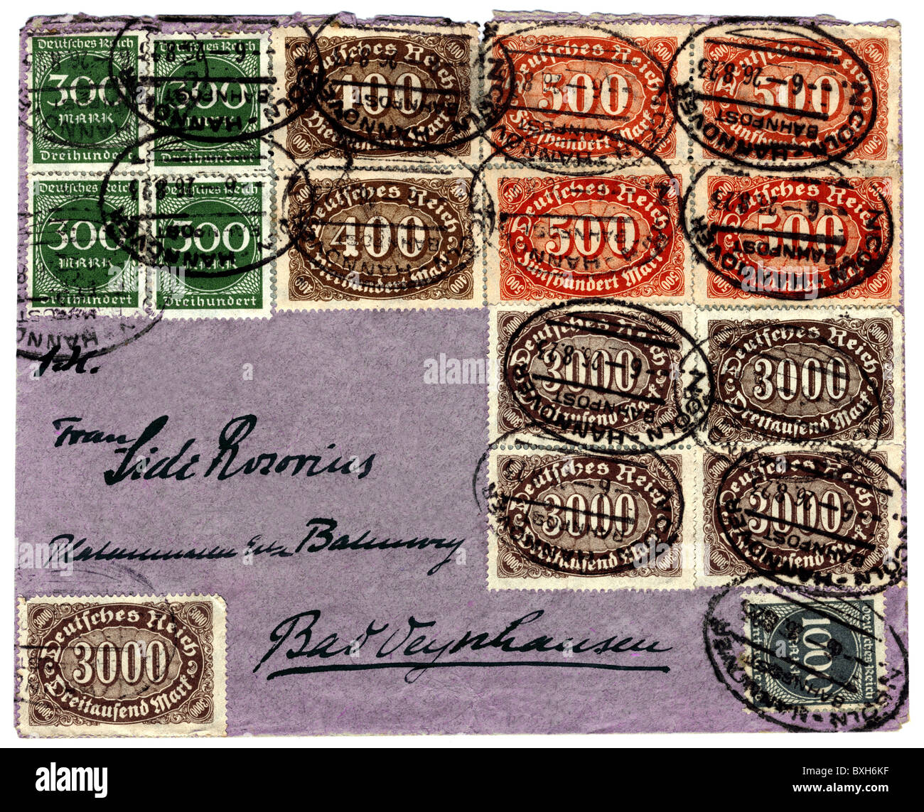Post, Briefmarken, 20.000 Mark, Deutschland, August 1923, Zusatzrechte-Abfertigung-nicht lieferbar Stockfoto