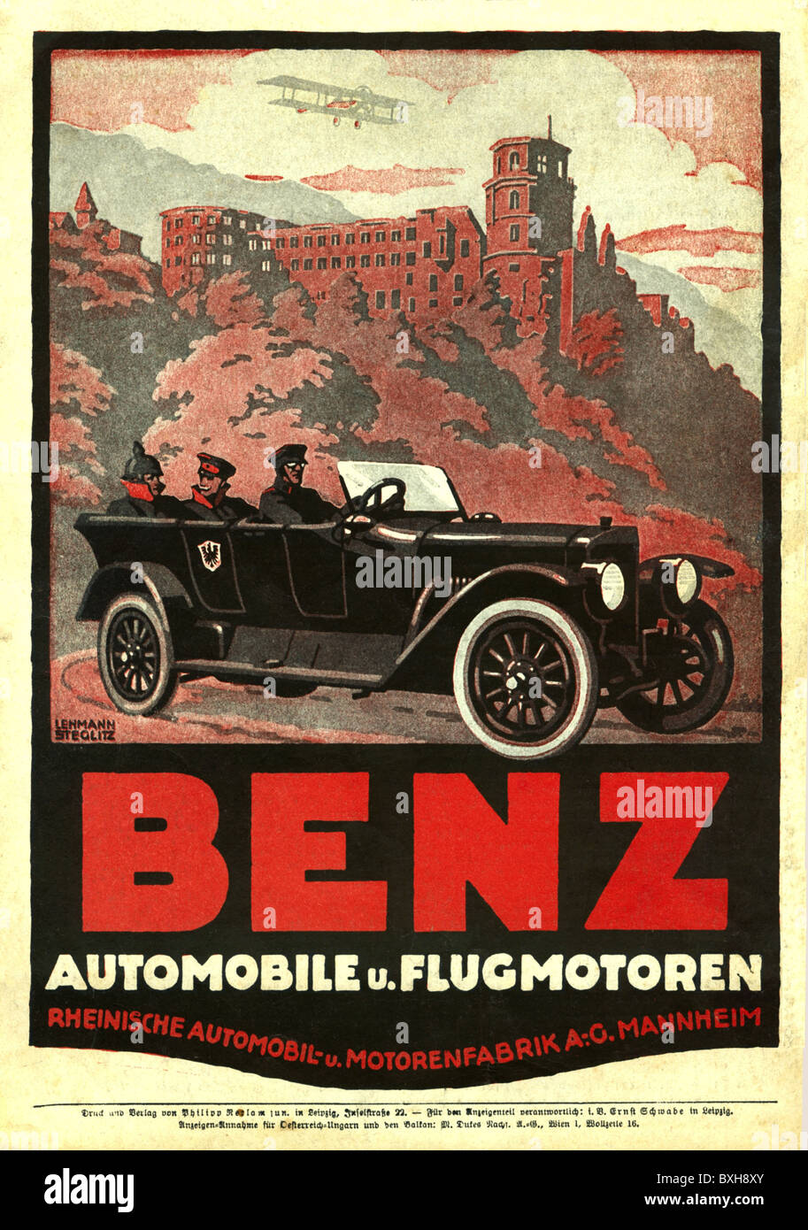 Werbung, Auto, Benz Automobil- und Flugzeugmotoren, offener Wagen des deutschen Kaisers, Chauffeur, vor dem Heidelberger Schloss, Deutschland, 1916, Zusatz-Rechteklärung-nicht vorhanden Stockfoto