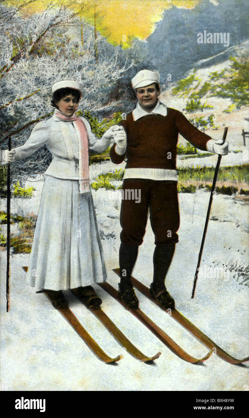 Freizeit, Wintersport, Paar während der Skifahrt, Deutschland, 1909, Zusatzrechte-Freizeiten-nicht vorhanden Stockfoto