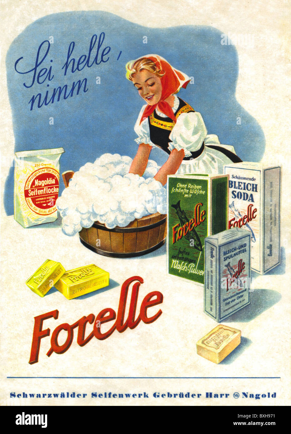 Werbung Waschmittel Forelle Waschmittel Woman Washing In Tub Made By Schwarzwalder Seifenwerk Nagold Deutschland 1950 Zusatz Rechte Clearenzen Nicht Verfugbar Stockfotografie Alamy