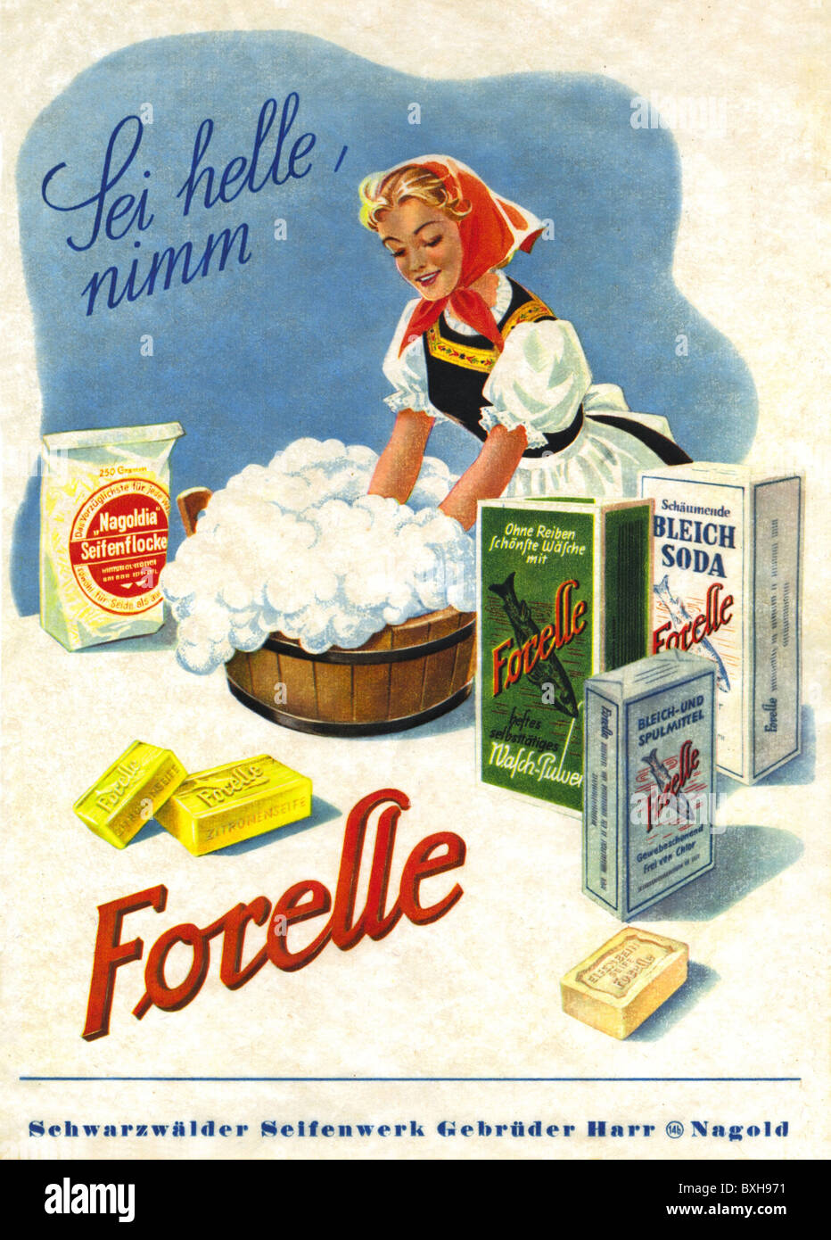 Werbung, Waschmittel, Forelle Waschmittel, Woman washing in Tub, made by  Schwarzwälder Seifenwerk Nagold, Deutschland, 1950,  Zusatz-Rechte-Clearenzen-nicht verfügbar Stockfotografie - Alamy
