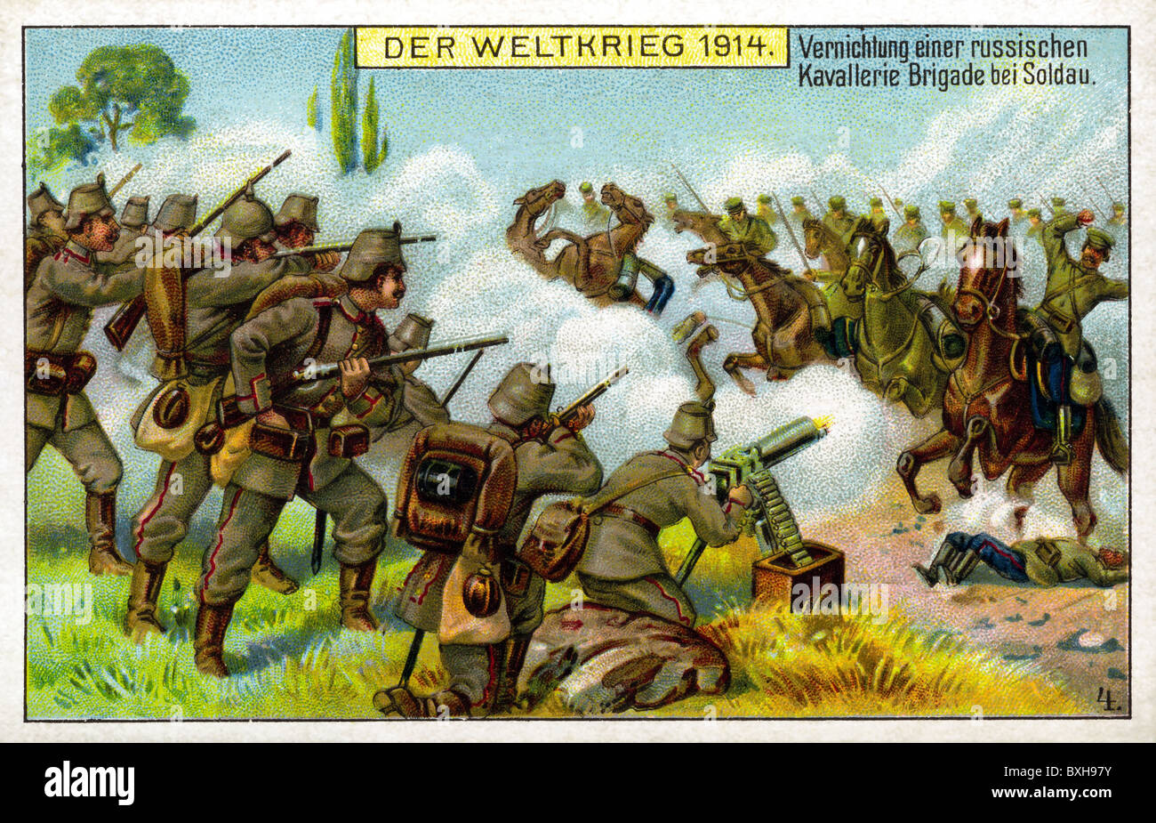 Weltkrieg / WW I, deutsche Soldaten schießen auf russische Kavallerie, 1914, Zusatz-Rechte-Clearences-nicht vorhanden Stockfoto