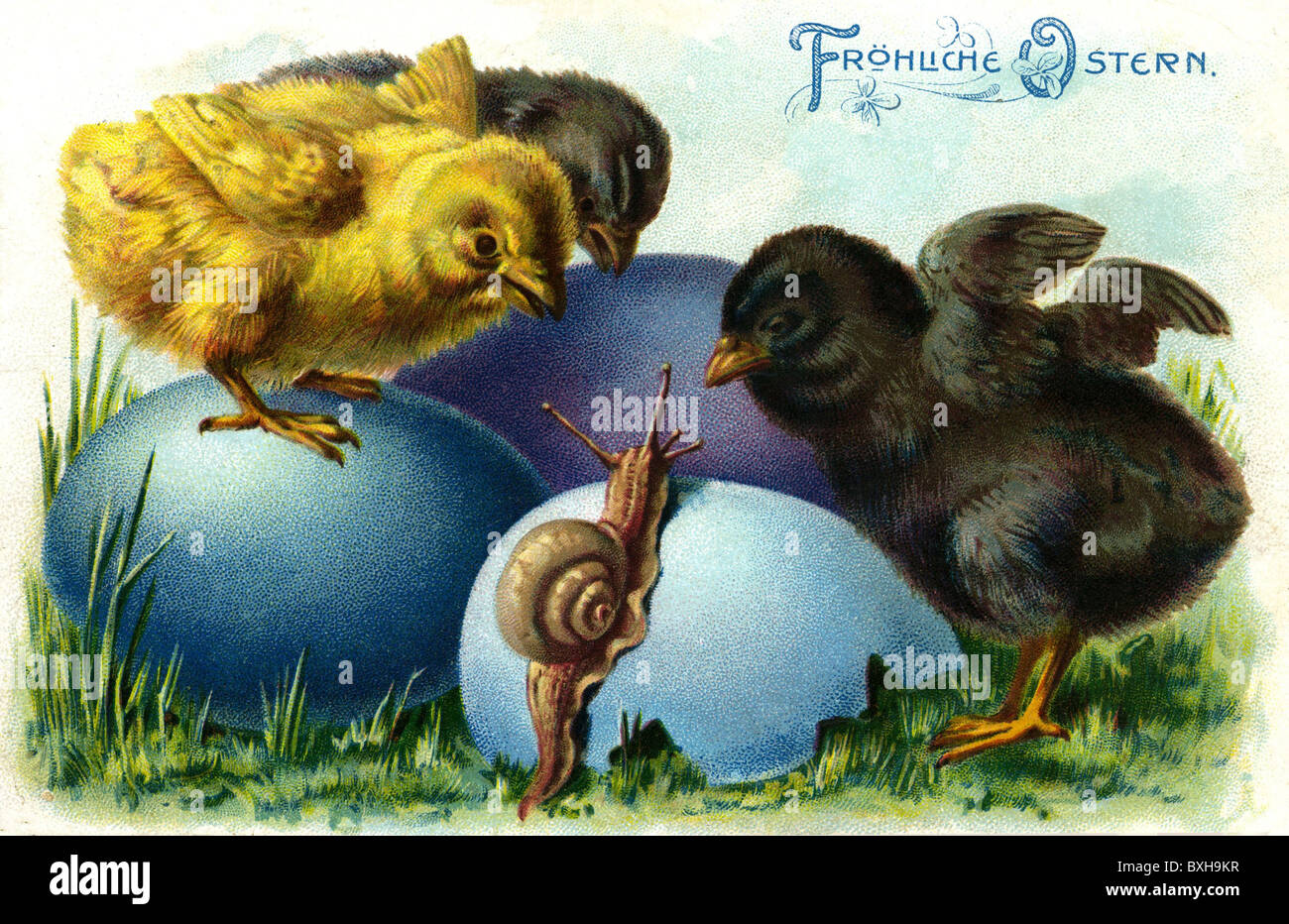 Kitsch / Souvenir, Grußkarte, Frohe Ostern, frisch geschlüpftes Hühnchen mit Eiern, Lithographie, Deutschland, 1905, Zusatz-Rechte-Clearenzen-nicht vorhanden Stockfoto
