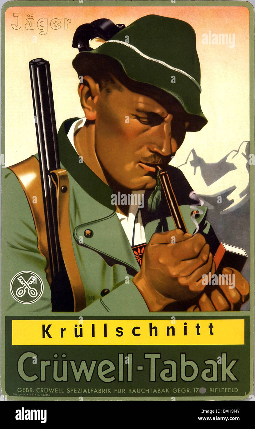 Werbung, Tabak, Marke Crüwell, Jäger mit Rauchpfeife, Deutschland, um 1935, Zusatz-Rechteklärung-nicht vorhanden Stockfoto