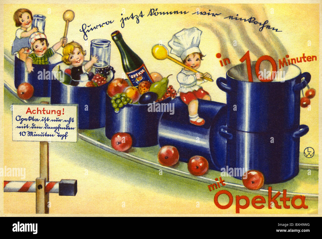 Werbung, Lebensmittel, Konservierungsmittel Opekta, Kinder kochend auf einem Topfzug, Deutschland, um 1930, Zusatzrechte-Clearences-nicht vorhanden Stockfoto