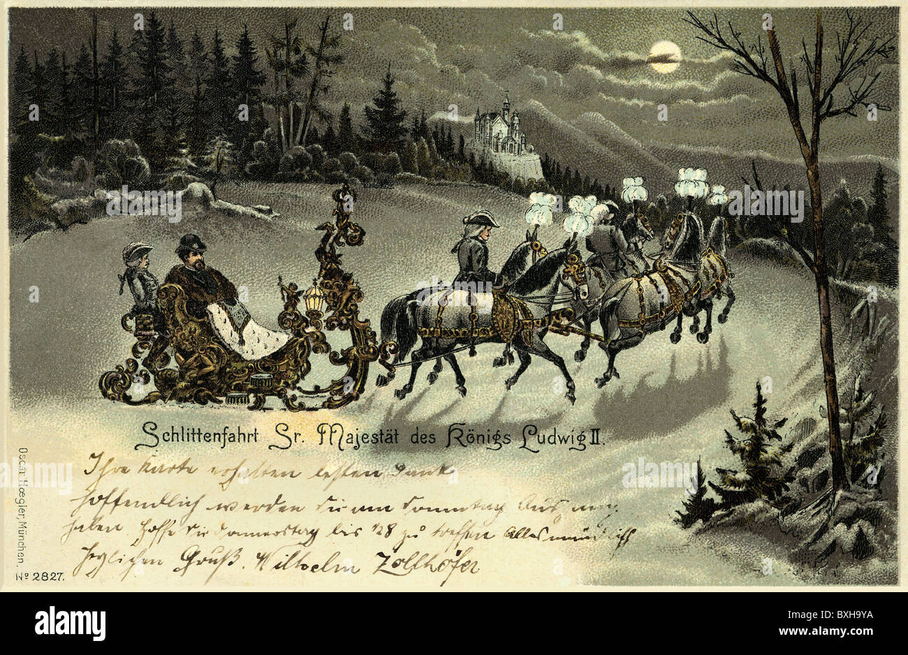 Ludwig II., 25.8.1845 - 13.6.1886, König von Bayern 10.3.1864 - 13.6.1886, nächtliche Schlittenfahrt, Lithographie, Ansichtskarte, Deutschland, um 1899, Schnee, Winter, Landschaft, Schloss Neuschwanstein, Mondschein, Illustration, Nostalgie, Monarchie, Pferd und Wagen, Schloss Neuschwanstein, 1890er Jahre, 19. Jahrhundert, historisch, historisch, Menschen, Additional-Rights-Clearences-not available Stockfoto