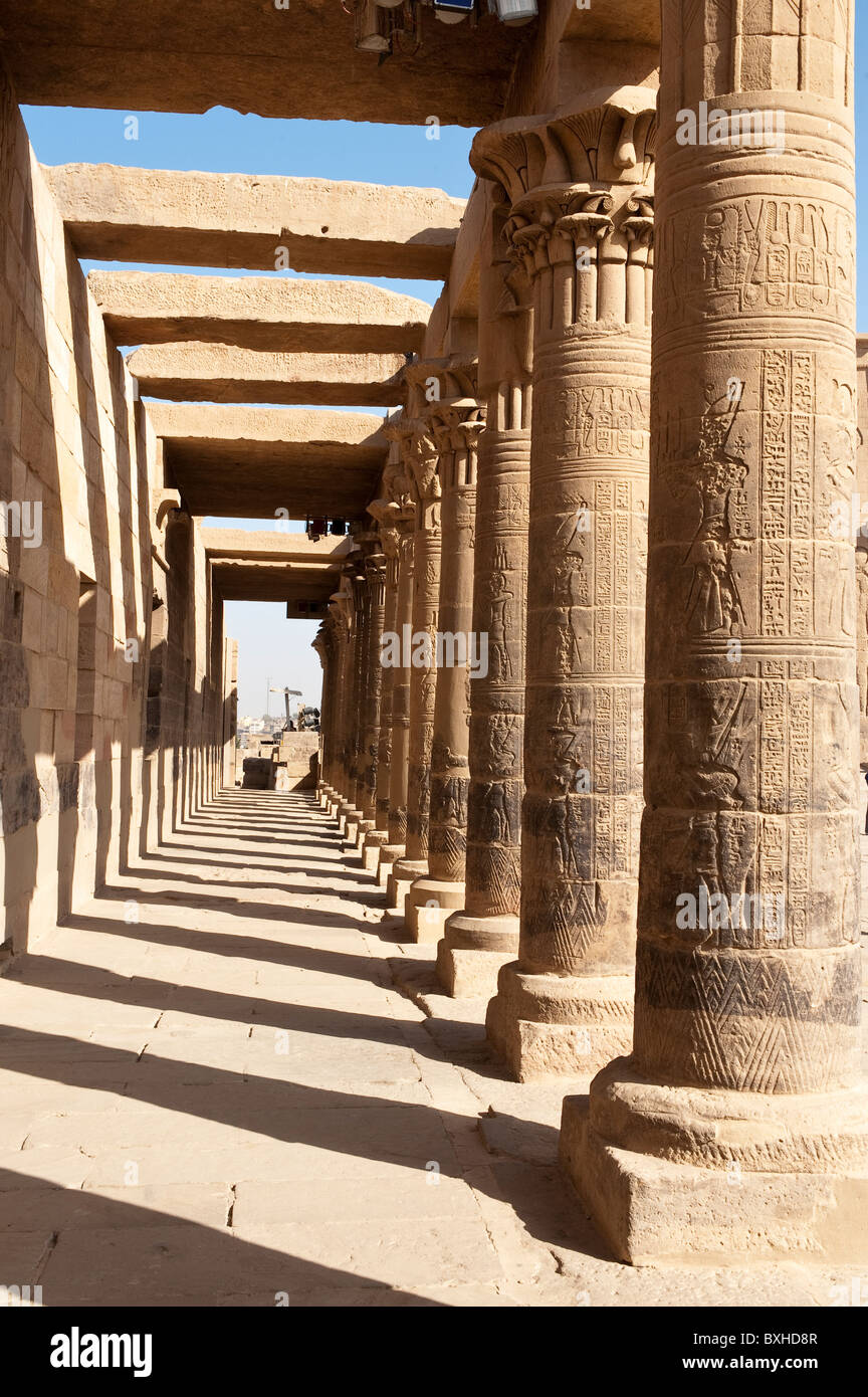 Ägypten, Assuan. Ägyptische Hieroglyphen am Philae-Tempel Assuan. Stockfoto