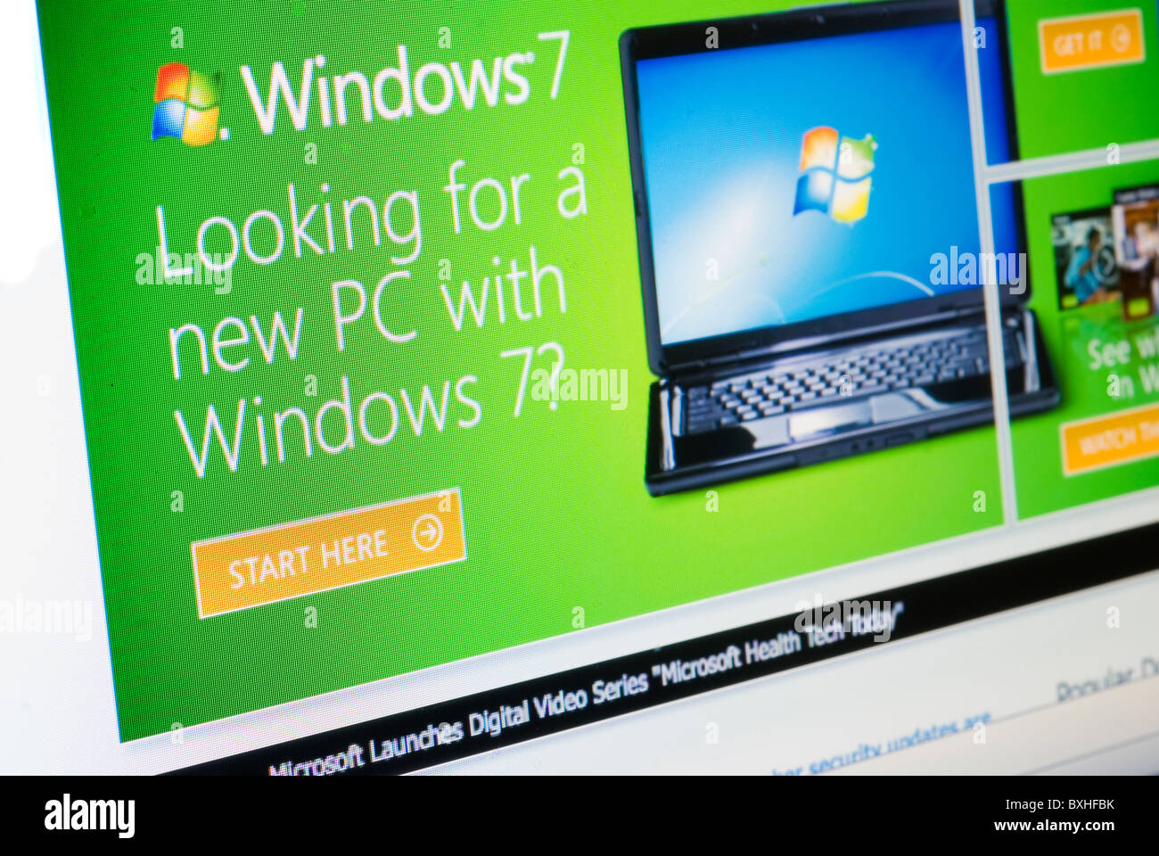 Werbung für Windows 7 auf Microsofts website Stockfoto