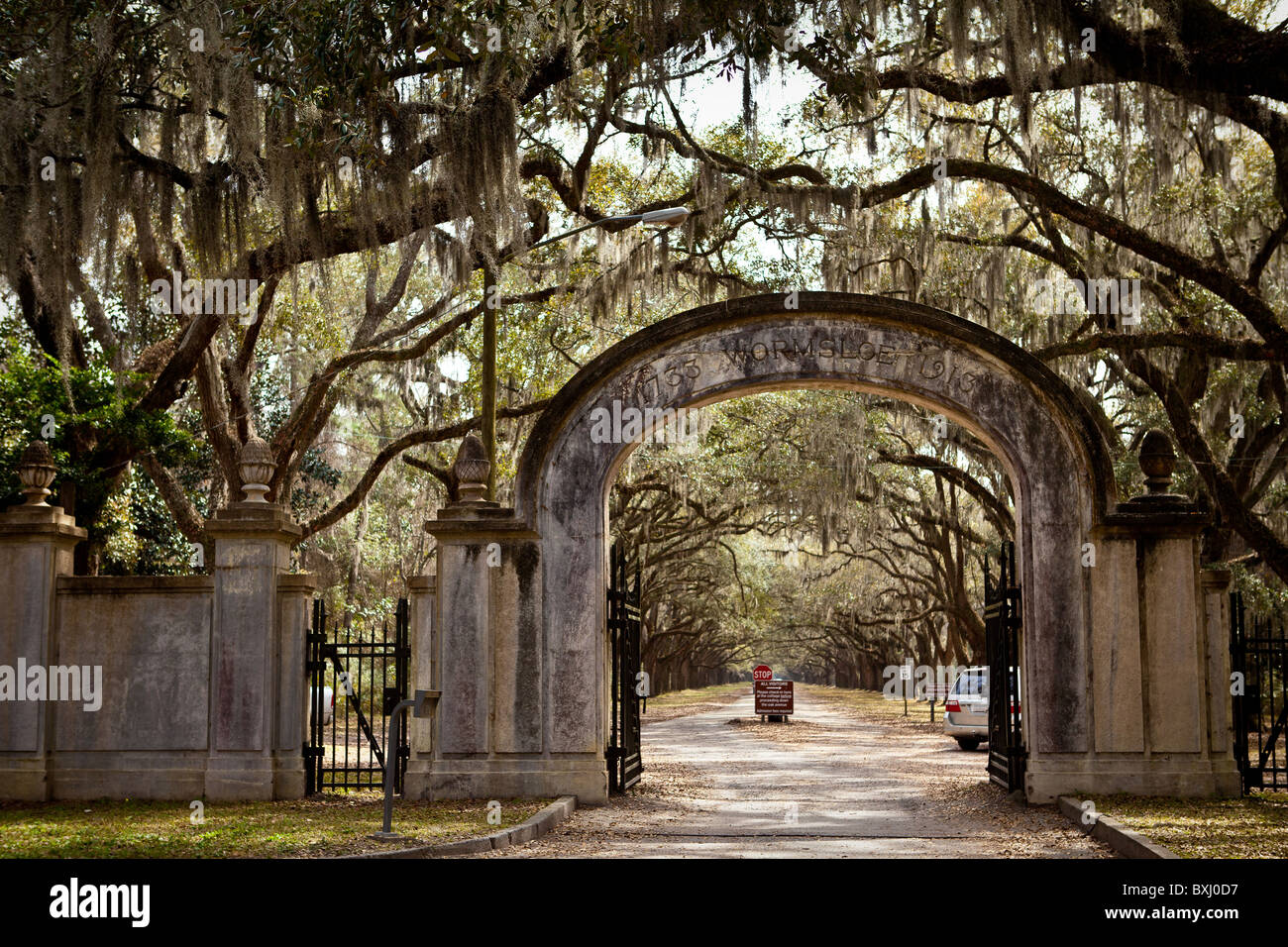 Tor an der stattlichen Eichen-Allee auf Wormsloe Plantage in Savannah, Georgia, USA. Stockfoto