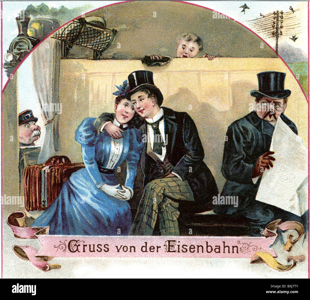 Transport / Transport, Bahn, Zugreisende, Liebhaber im Bahnabteil, Deutschland, 1898, Additional-Rights-Clearences-not available Stockfoto