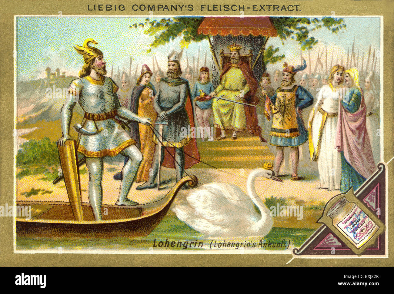 Musik, Oper, Richard Wagner, Lohengrin, Ankunft Lohengrin mit Schwan, Sammlungsbild Liebig Company, Lithographie, Deutschland, um 1900, Zusatzrechte-Clearences-nicht vorhanden Stockfoto