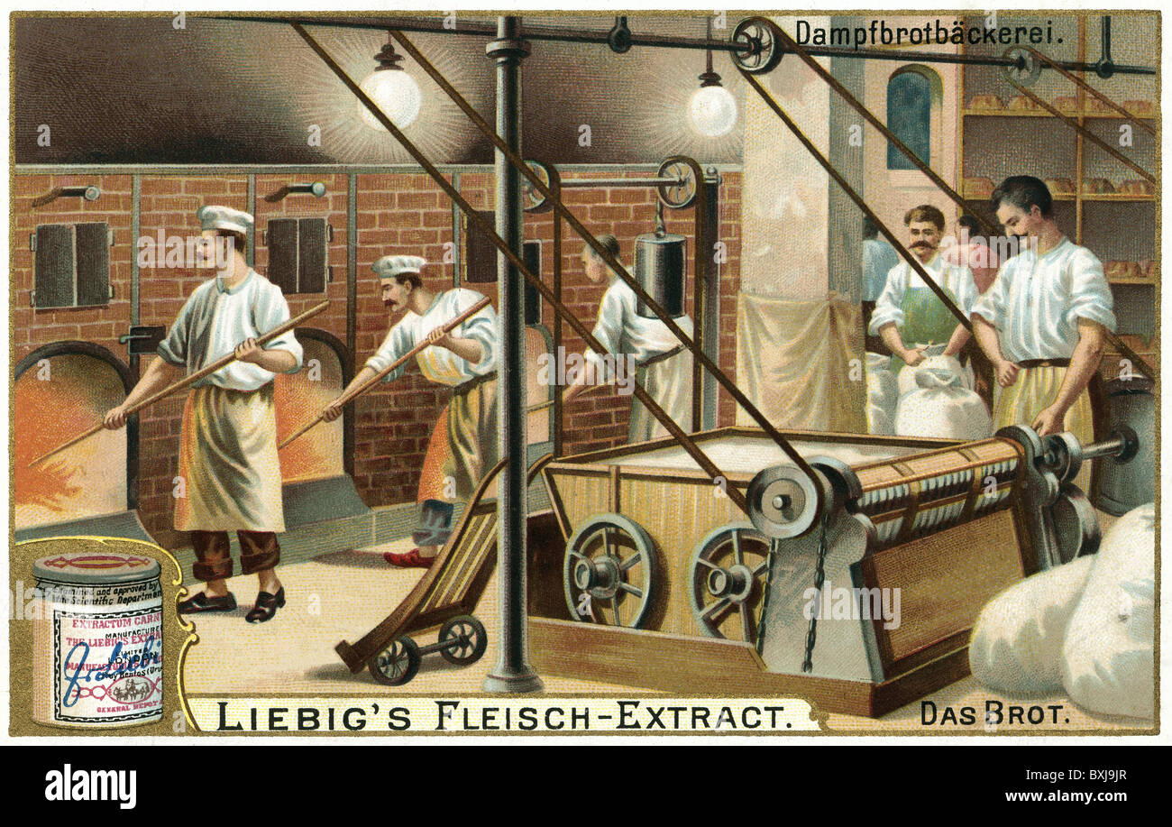 Industrie, Bäckerei, Dampfbrot Bäckerei, Liebig Sammelkarte, Lithographie, Deutschland, um 1900, Zusatz-Rechteklärung-nicht vorhanden Stockfoto