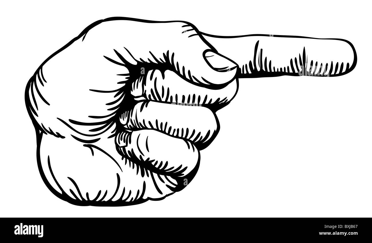 eine schwarz / weiß Darstellung von Menschenhand links mit dem Finger zeigen oder gestikulieren auf der rechten Seite des Bildes. Stockfoto