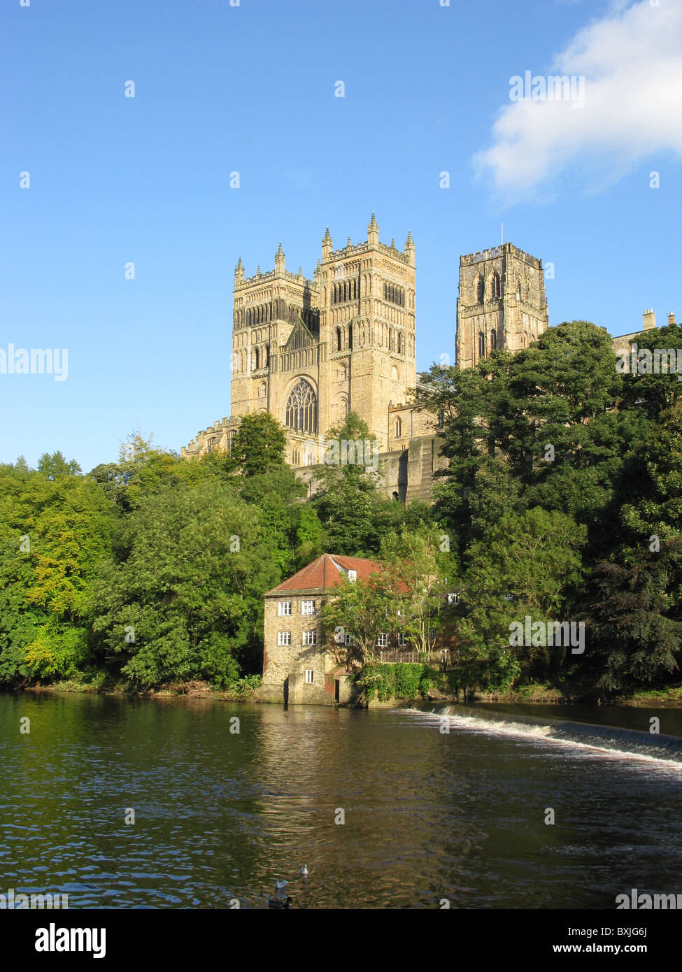 Durham Cathedral und alten Walkmühle über Fluss Wear gesehen, Durham City, County Durham, England, UK. Stockfoto