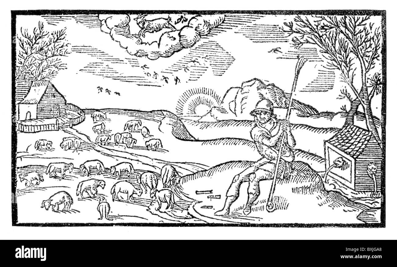 Der Hirte Kalender; Dezember; Illustration zu dem Gedicht des gleichen Namens von Edmund Spenser, 1579; B & W Illustration Stockfoto