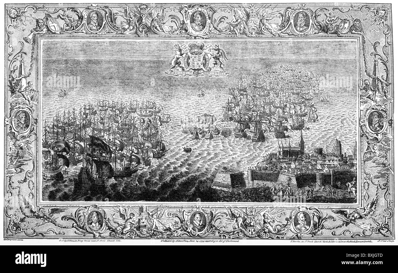 Die spanische Armada auf der Flucht nach Calais nach der Auseinandersetzung mit der englischen Flotte, 1588; Schwarz und weiß-Abbildung; Stockfoto