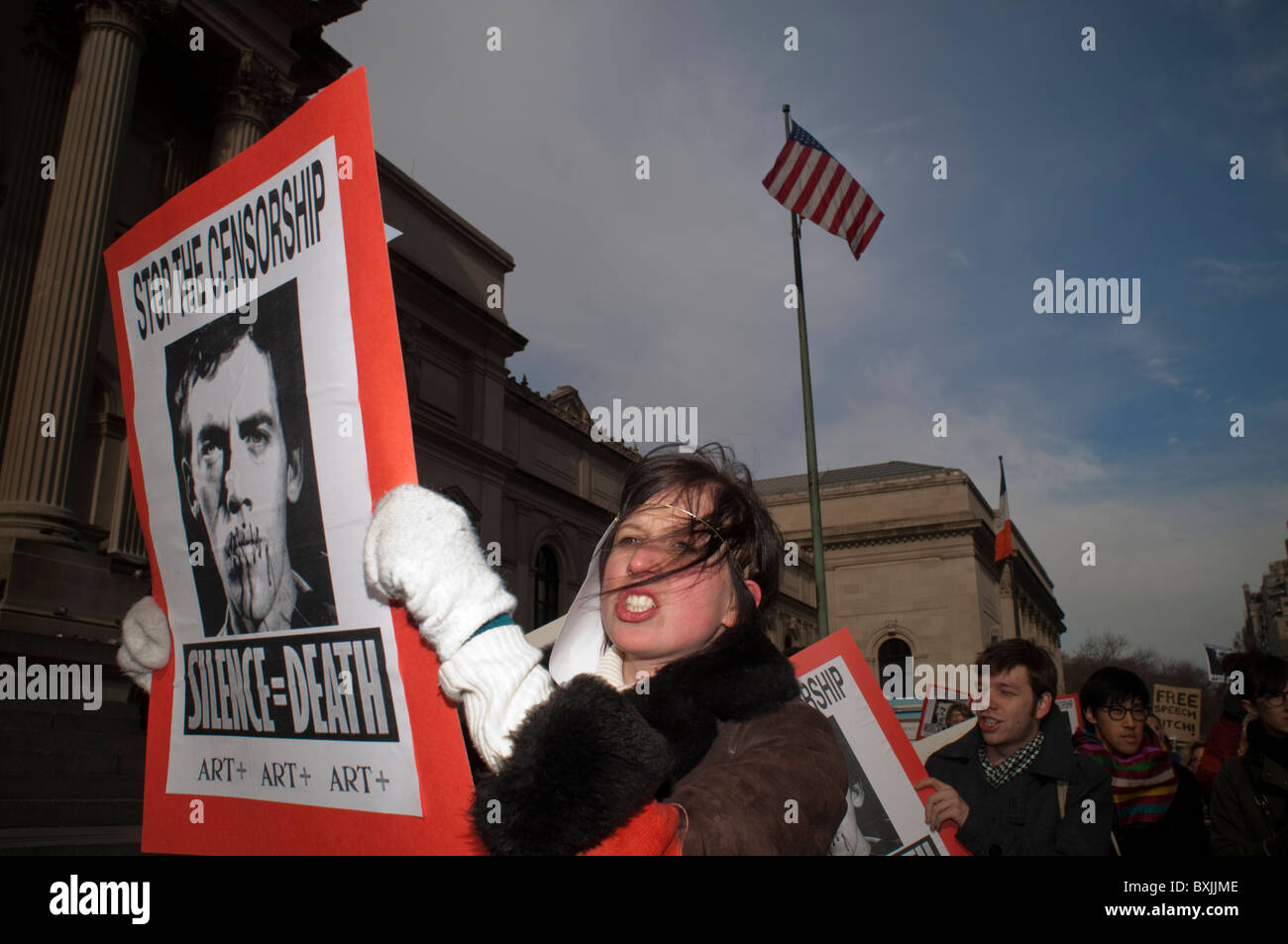 Demonstranten zeigen in New York gegen das Smithsonian Institute ziehen die David Wojnarowicz video Stockfoto