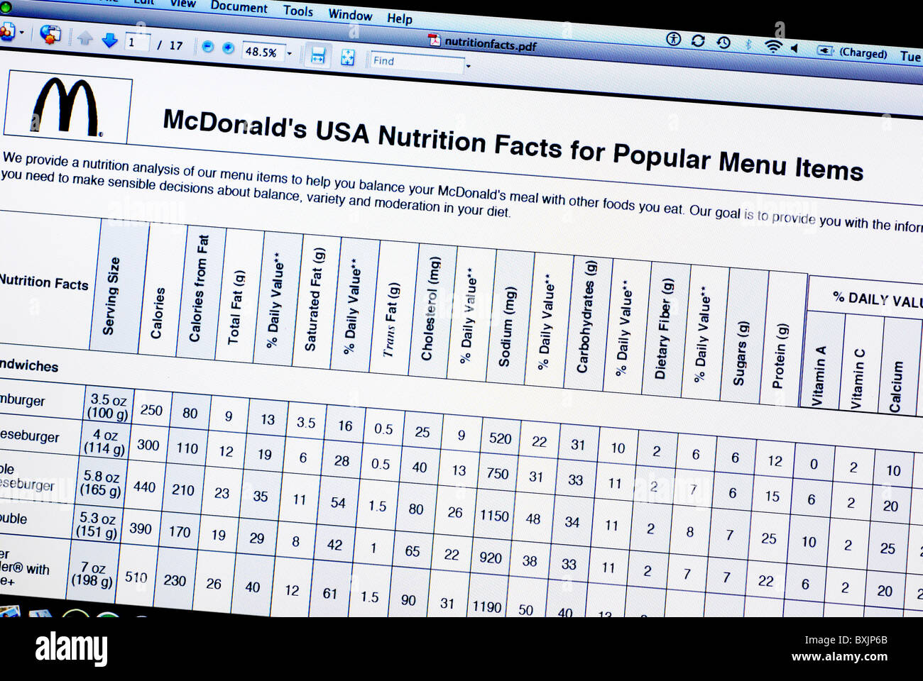 Nährwertangaben auf McDonald's website Stockfoto