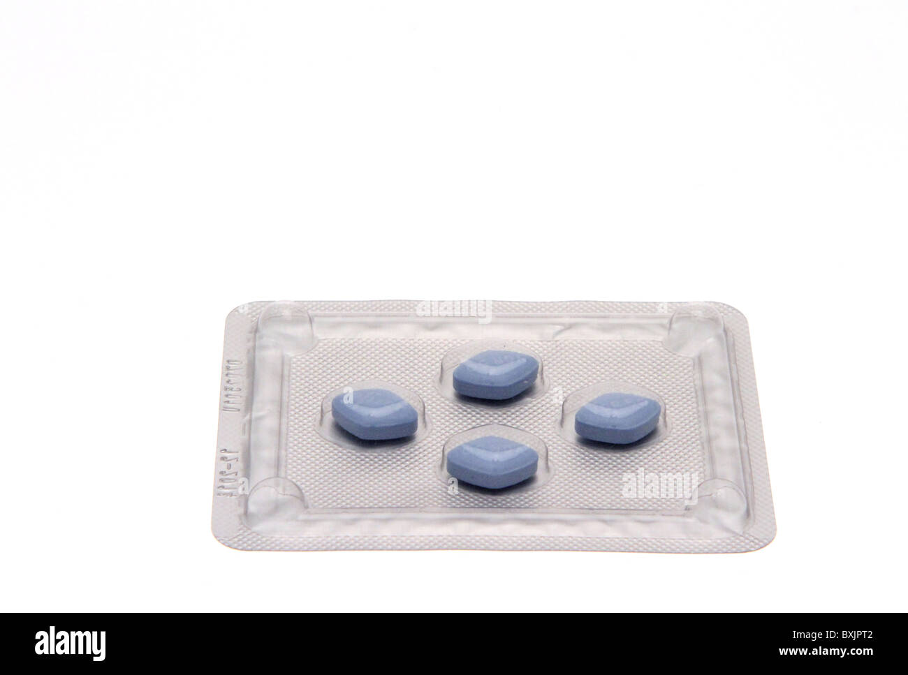 Blase-Paket von vier blauen Viagra-Tabletten Stockfoto