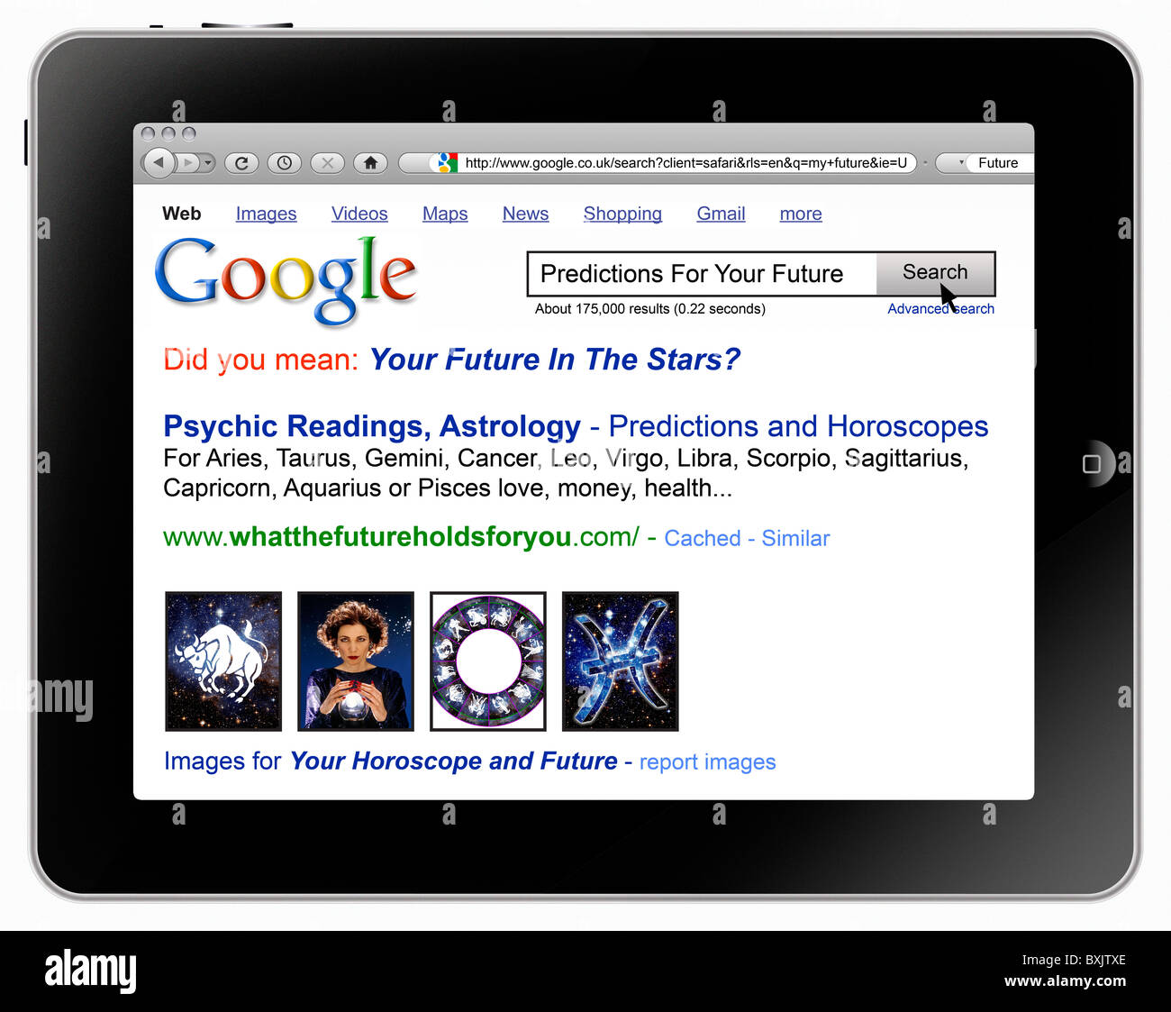 Apple iPad mit Safari-Browser und eine Google-Suche für Horoskope, für zukünftige Vorhersagen über die Sterne/Astrologie Stockfoto