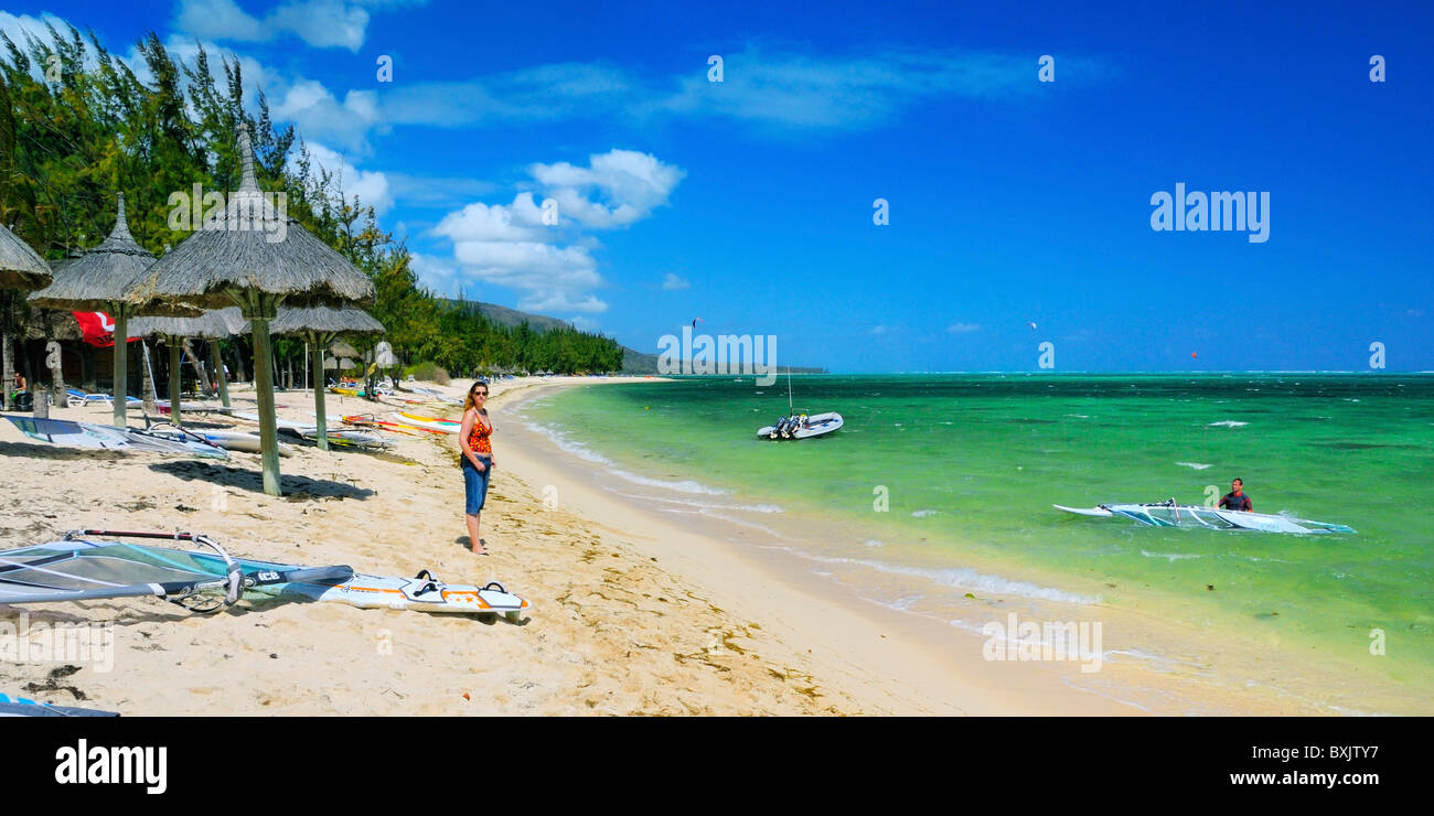 Windsurf und Kite-Schule auf der Le Morne Halbinsel, Black River, Mauritius Stockfoto